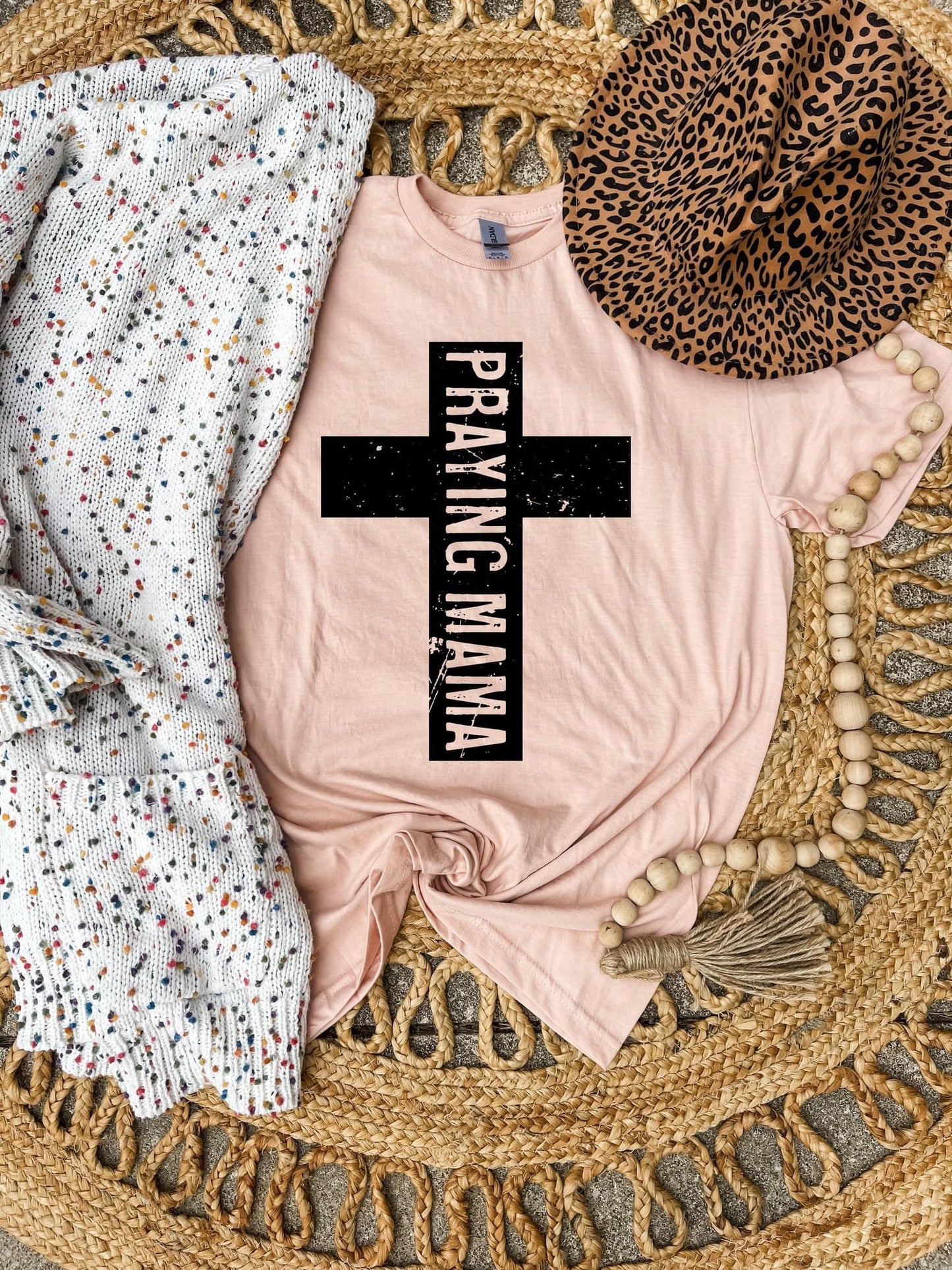 Praying Mama Distressed Cross Heather Peach Tee