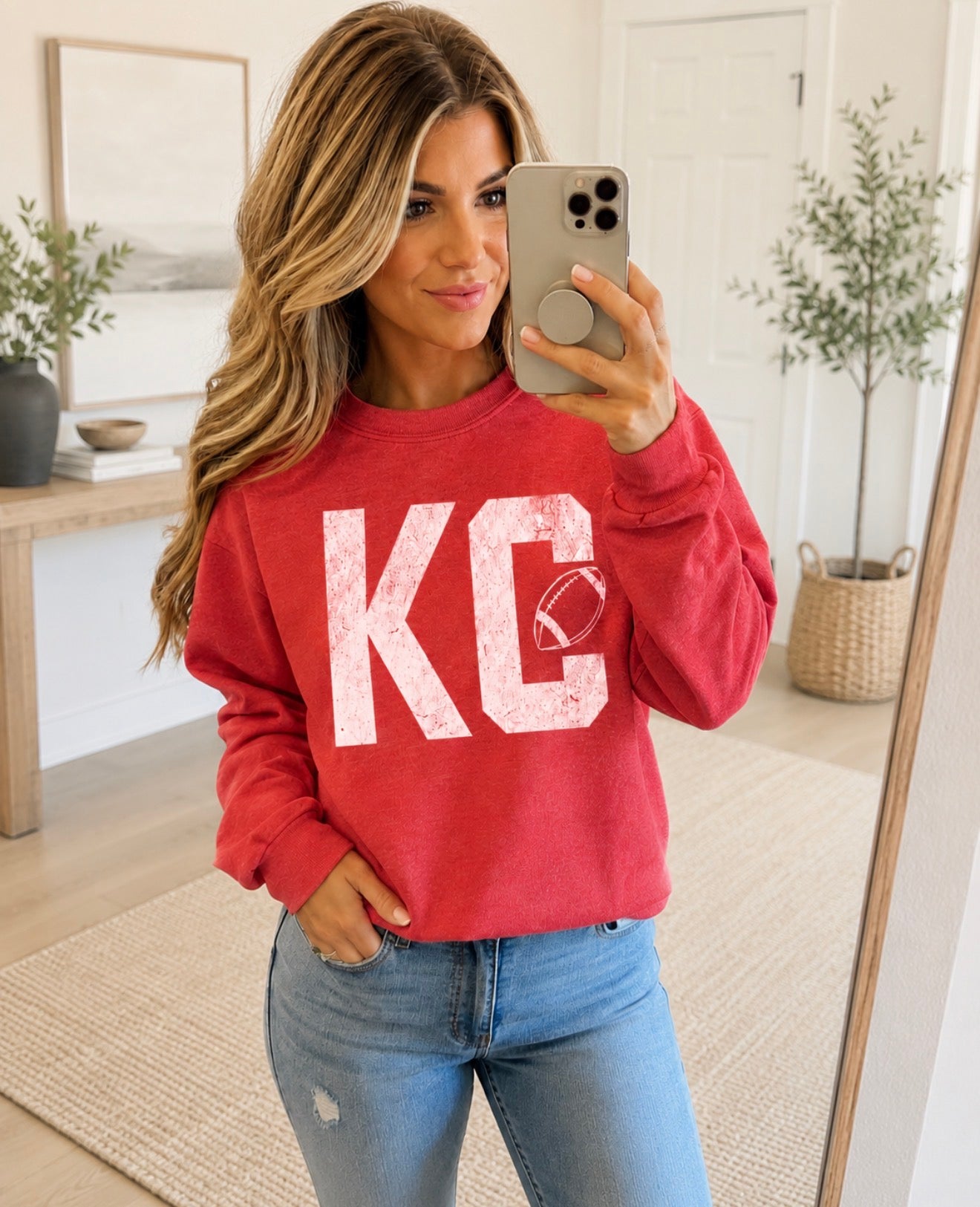 **HALFTIME DEAL** White Distressed KC Inside Football Heather Red Sweatshirt