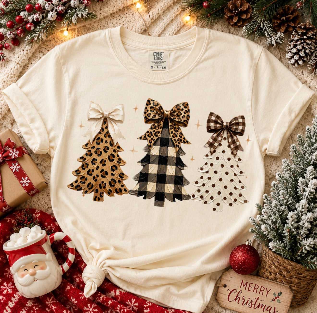 **CHRISTMAS IN JULY** Triple Christmas Tree Leopard & Checkered Ivory Tee
