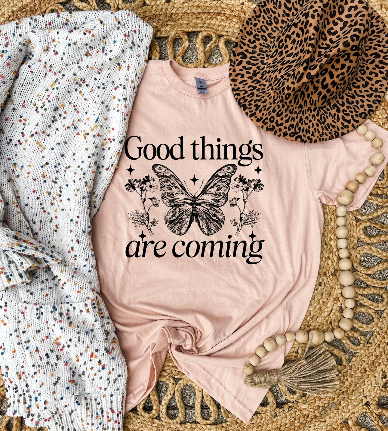 Black Good Things Are Coming Heather Peach Tee