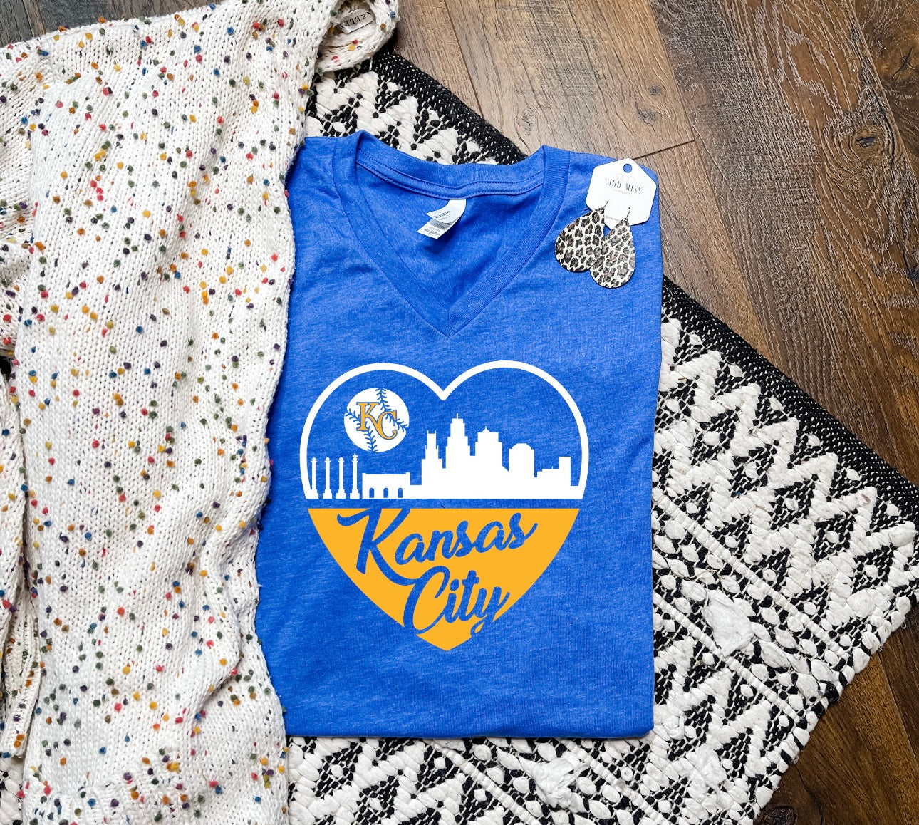 Kansas City Skyline Heart Royal Blue VNeck Tee