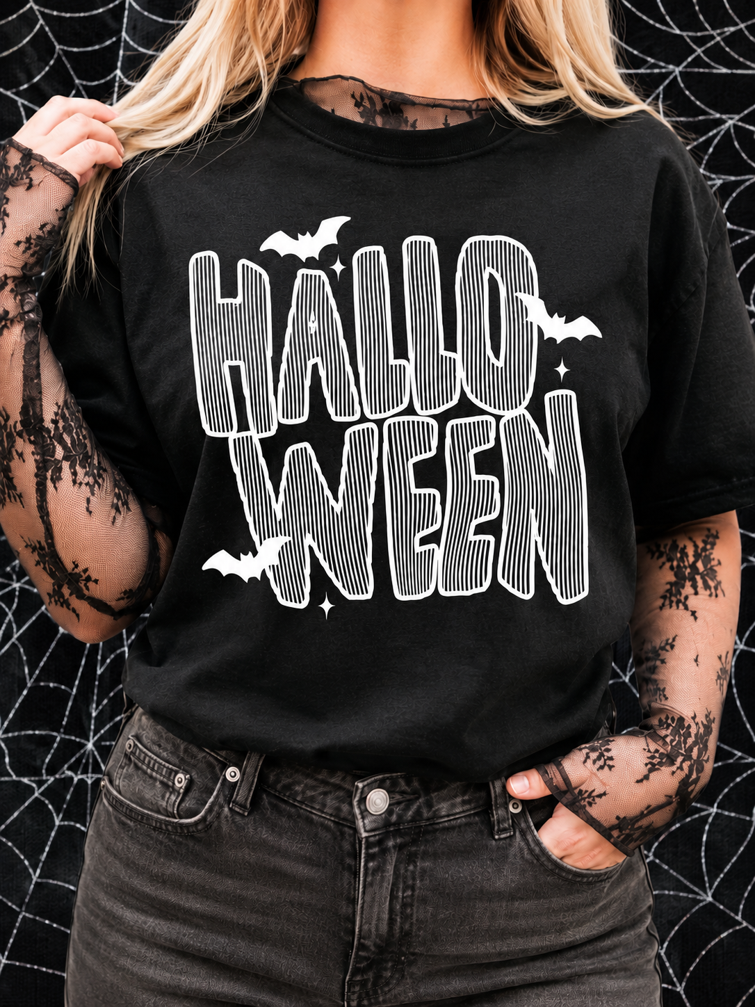 White Lined Halloween & Bats Black Tee