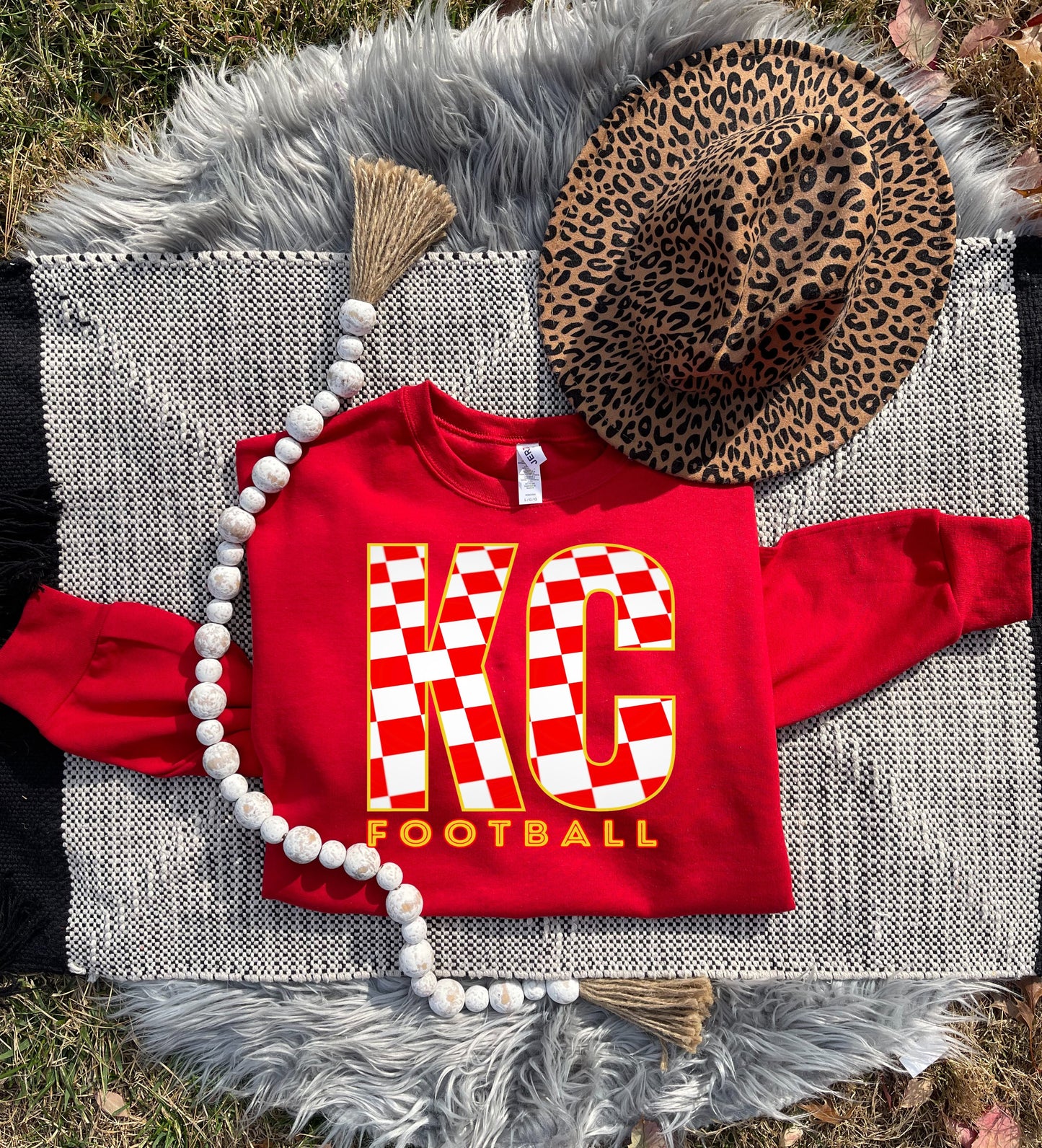 **HALFTIME DEAL** Red & White KC Checkered Gold Football Red Sweatshirt