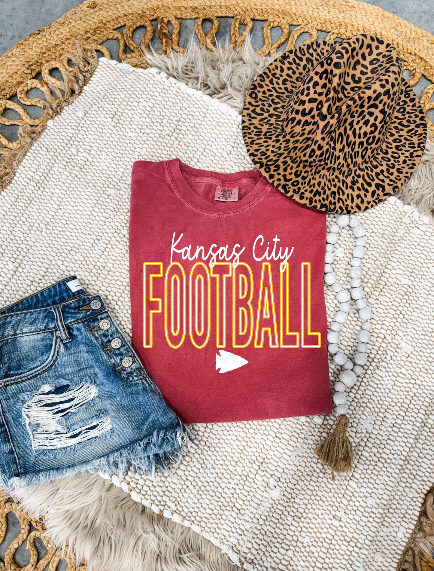 **DEAL OF THE DAY** White Script Kansas City Gold Block Football Crimson Tee