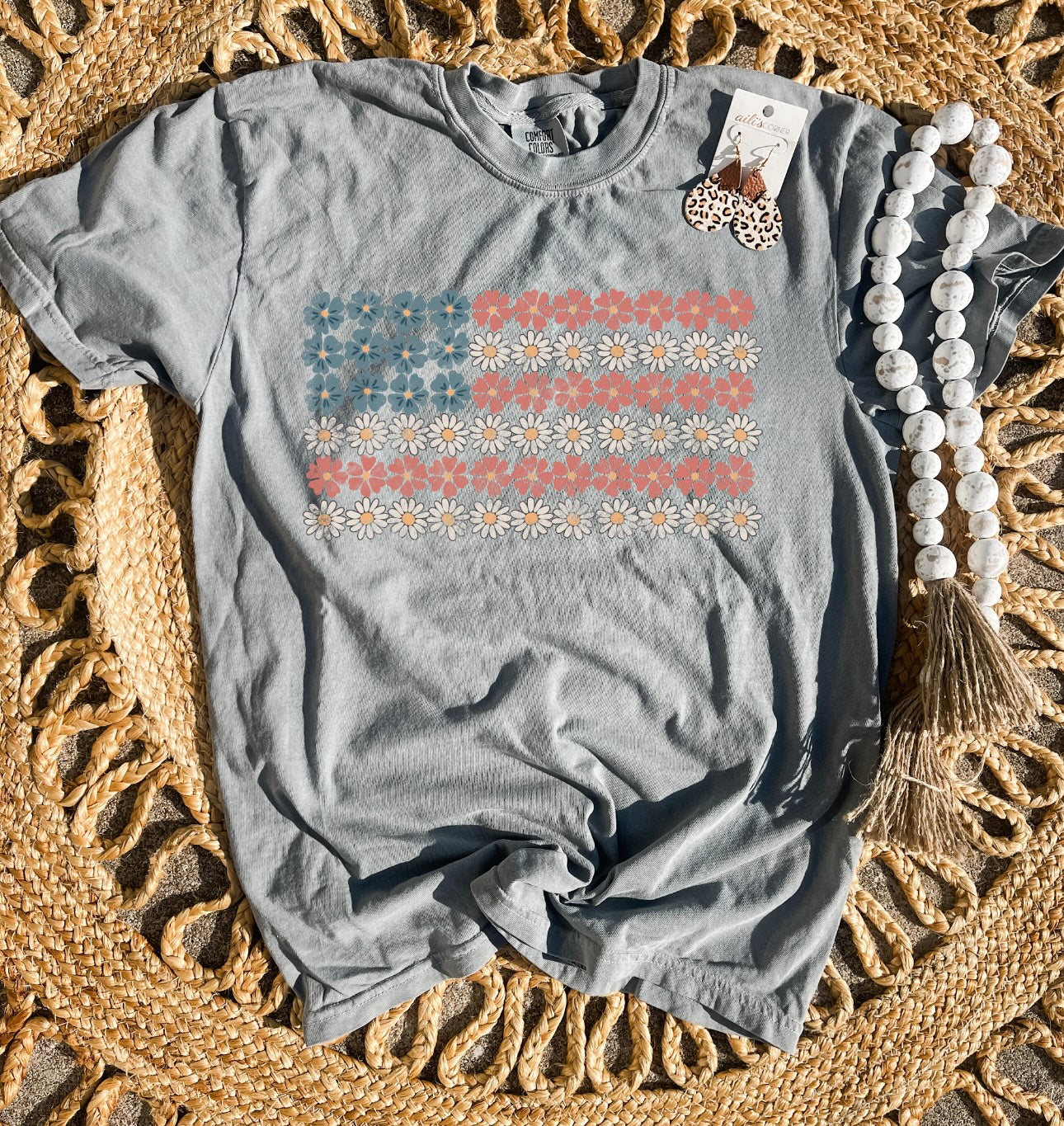 Floral USA Flag Grey Tee