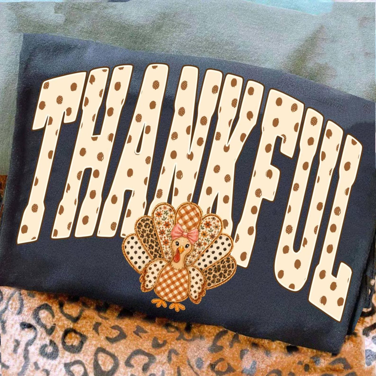 Cream Polka Dot Thankful Turkey Black Tee