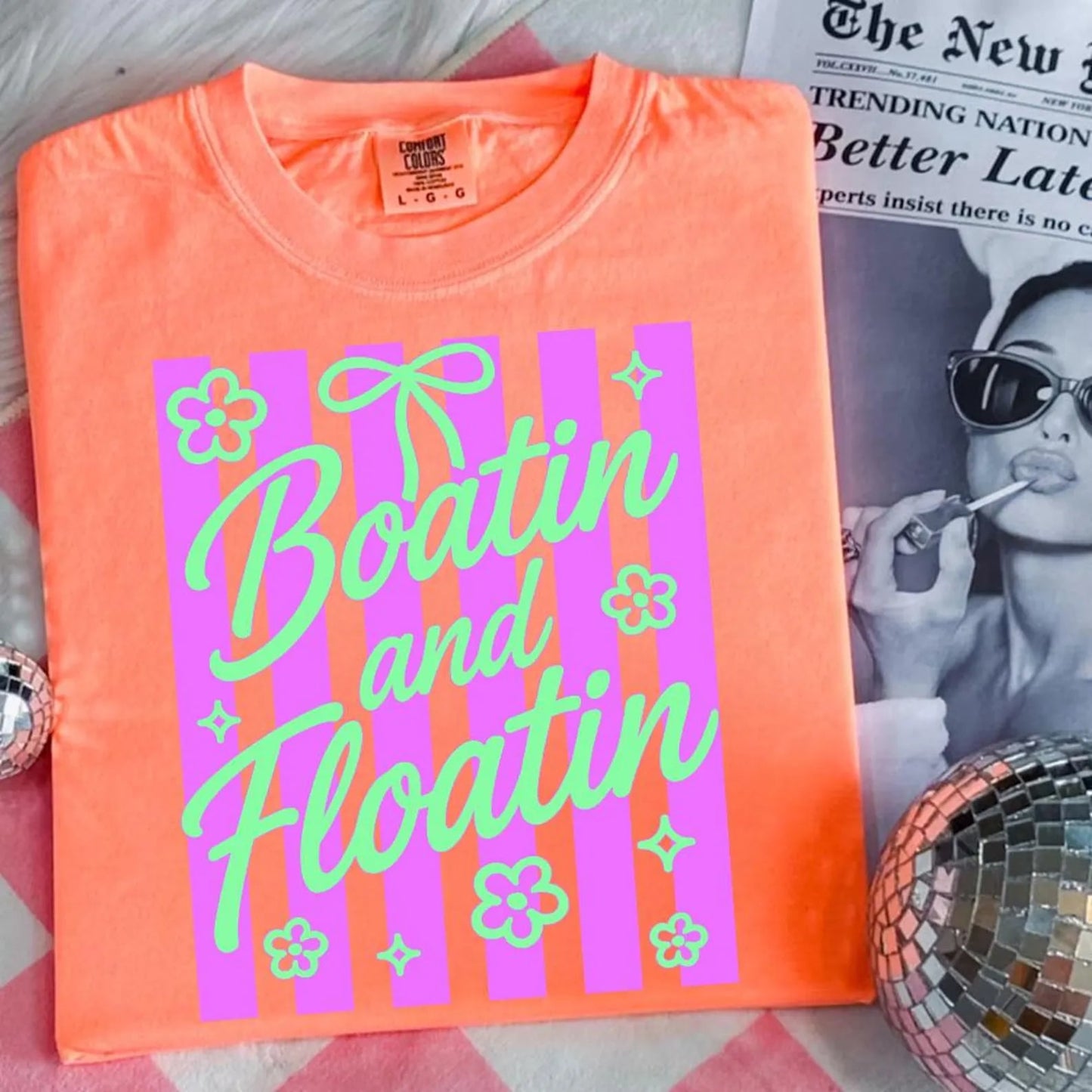 Flower & Bow Boatin & Floatin Neon Cantaloupe Tee