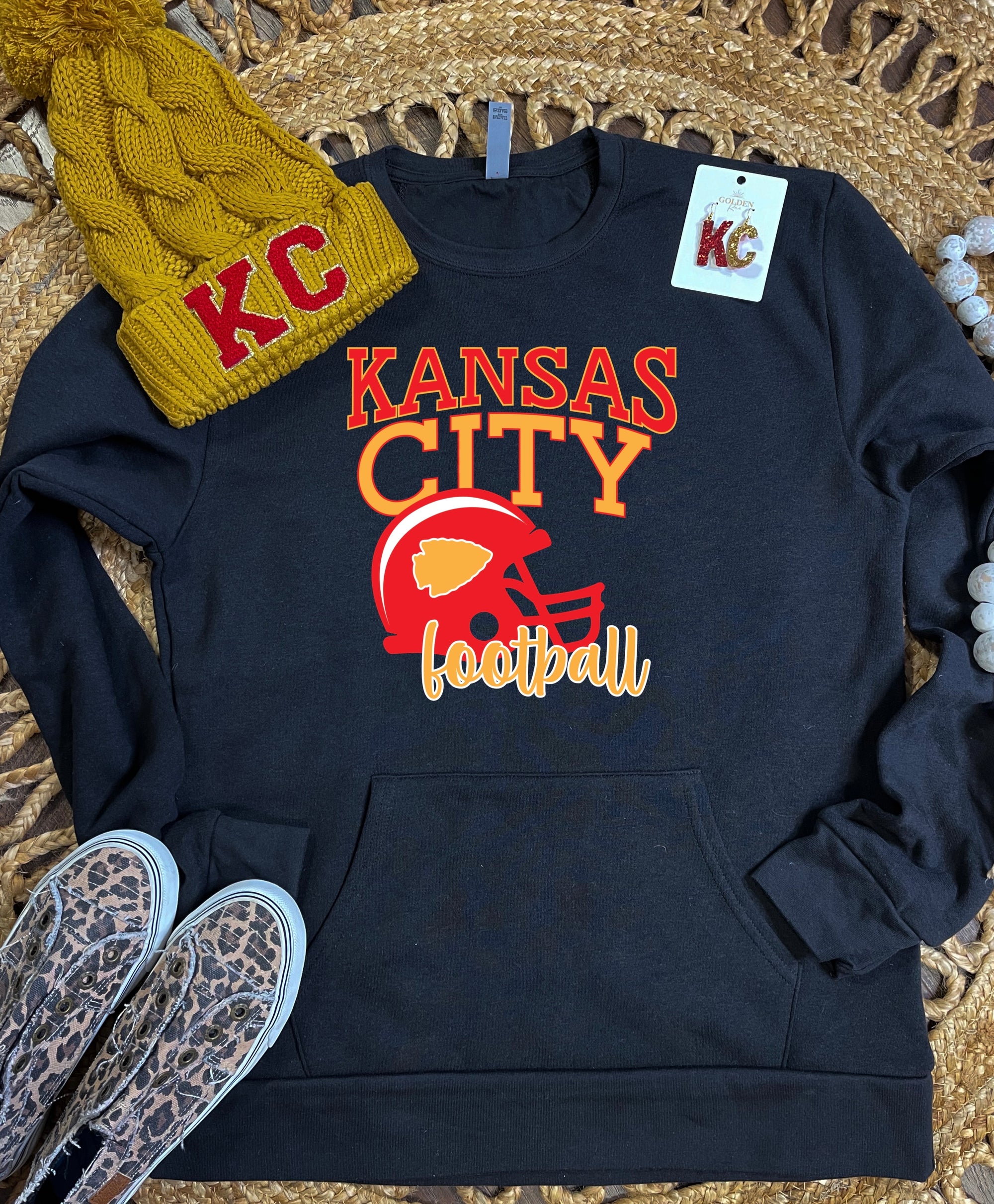 Kansas City Football Helmet Gold Arrowhead Black Pocket Sweatshirt