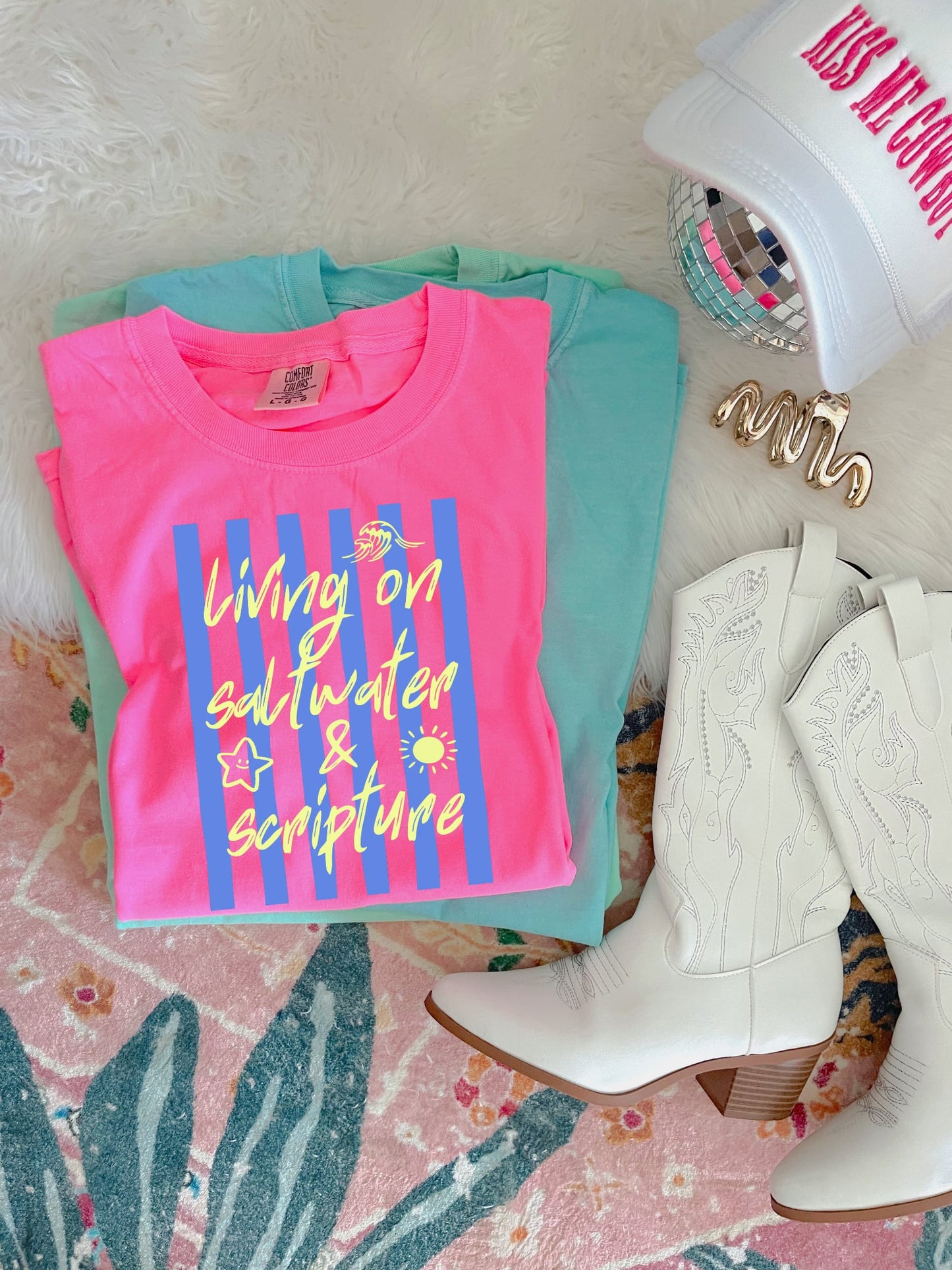 Livin On Saltwater & Scripture Neon Pink Tee
