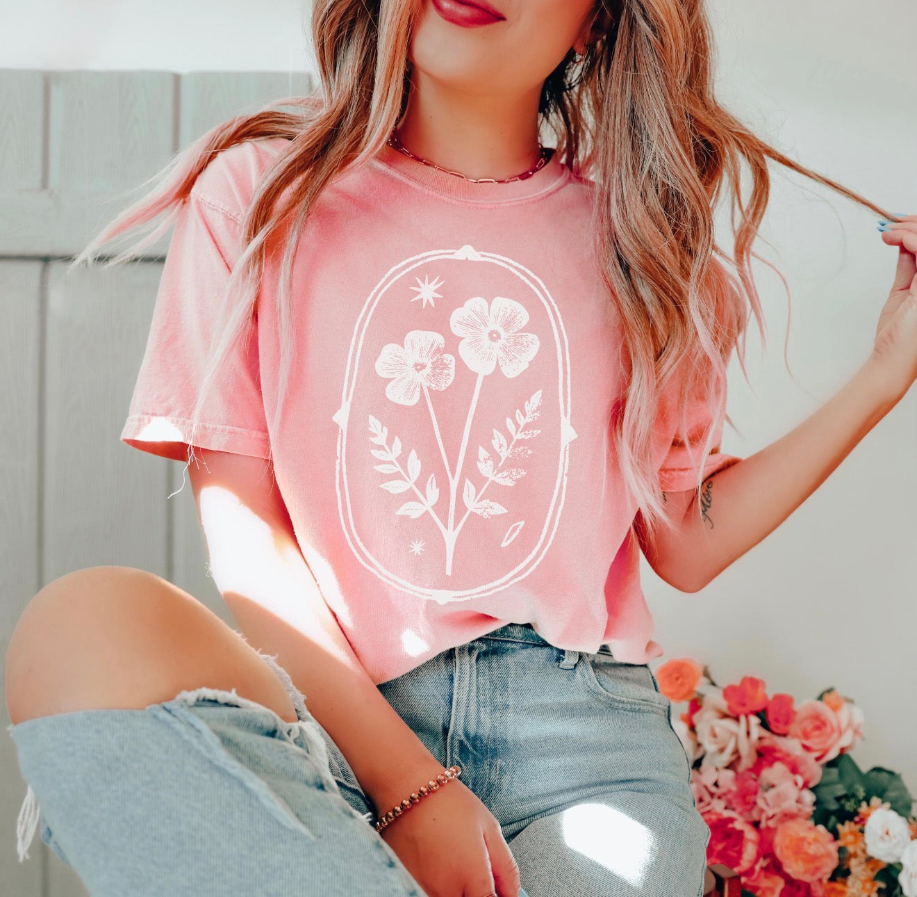 White Vintage Linocut Flower Blossom Tee
