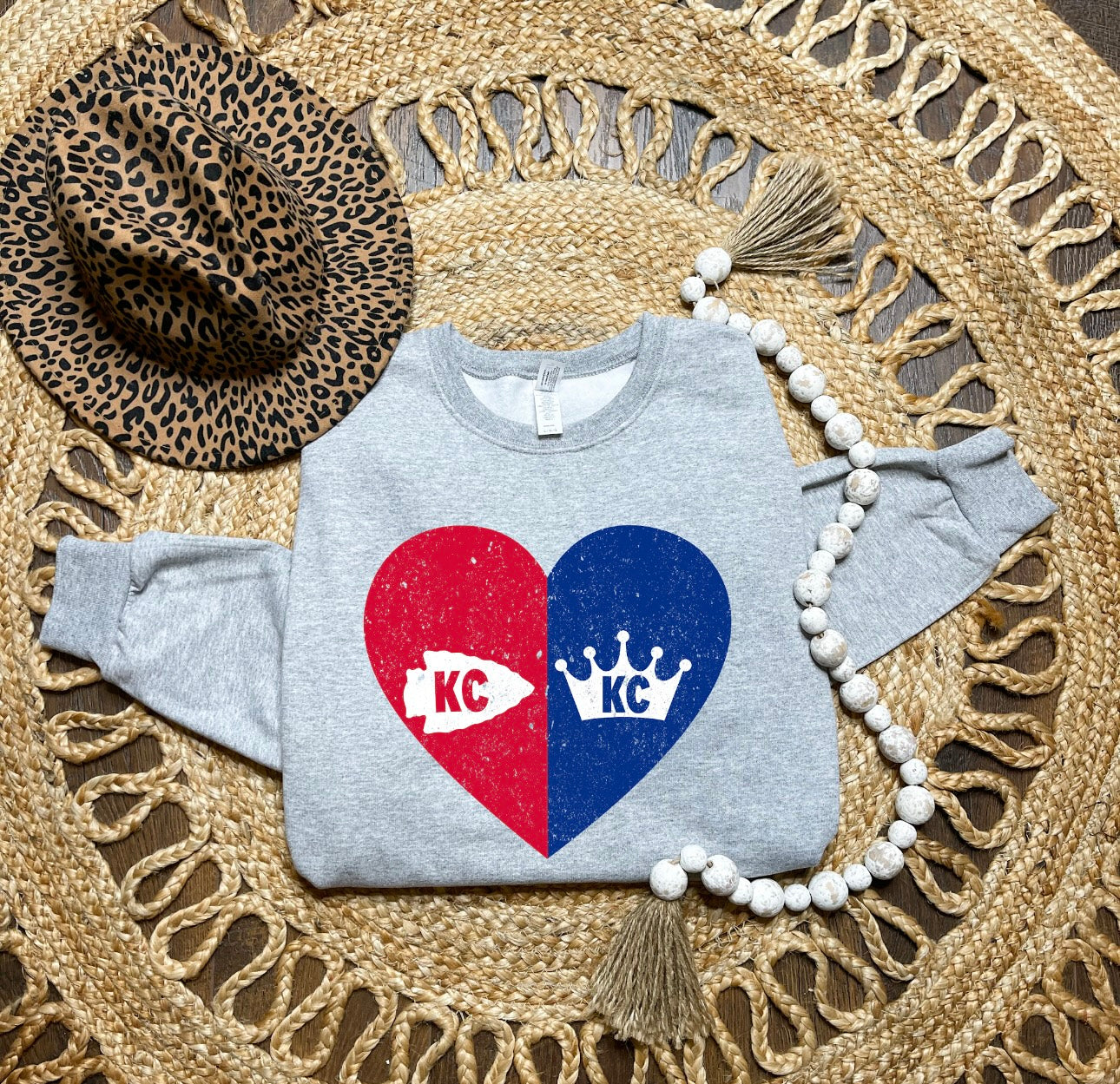 **HALFTIME DEAL** Red & Blue Kansas City Heart Sports Grey Sweatshirt