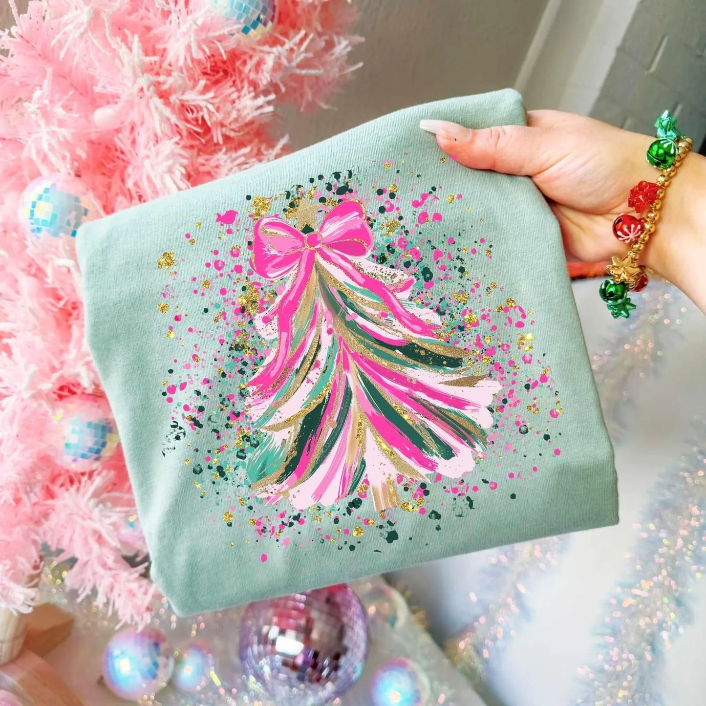 **CHRISTMAS IN JULY** Pink Splatter Christmas Tree Light Green Tee