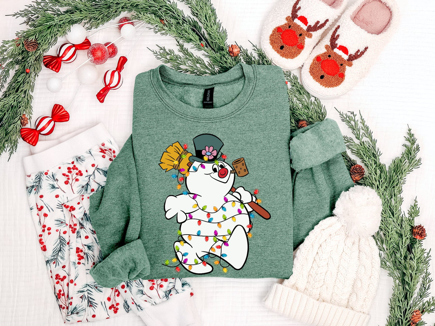 **CHRISTMAS IN JULY** Snowman Christmas Lights Heather Green Sweatshirt