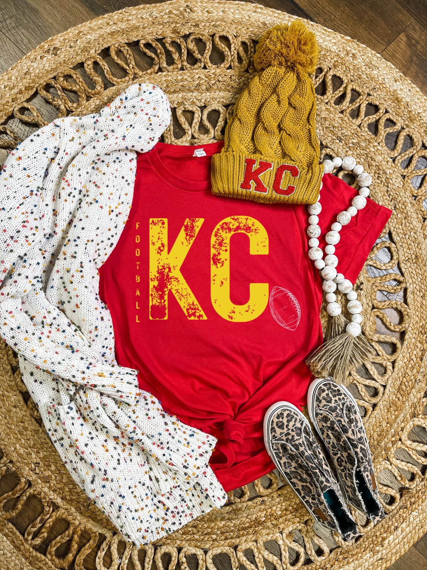 **HALFTIME DEAL** Vertical Gold Distressed KC Football Red Tee