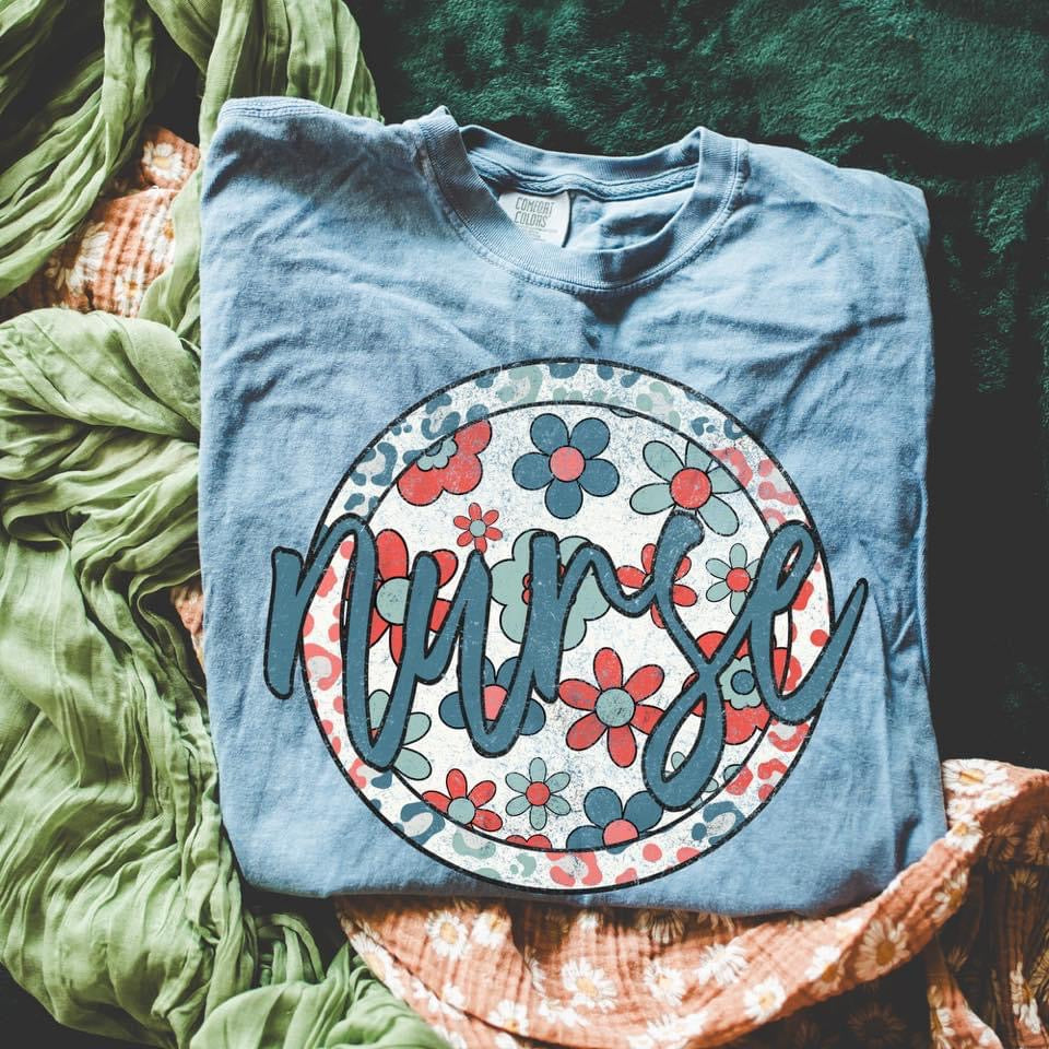 Nurse Circle Floral Script Ice Blue Tee
