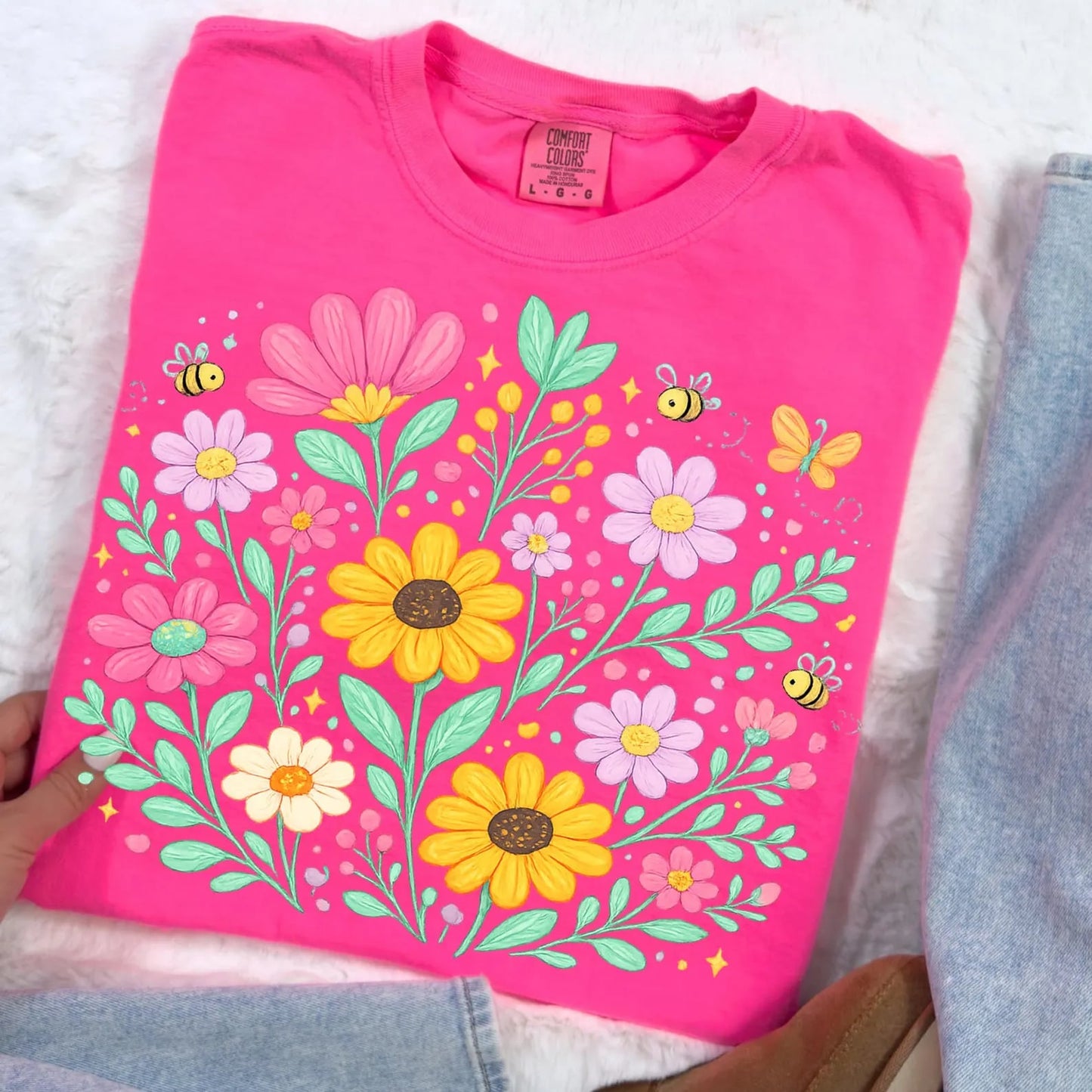 Wildflowers & Bees Collage Neon Pink Tee