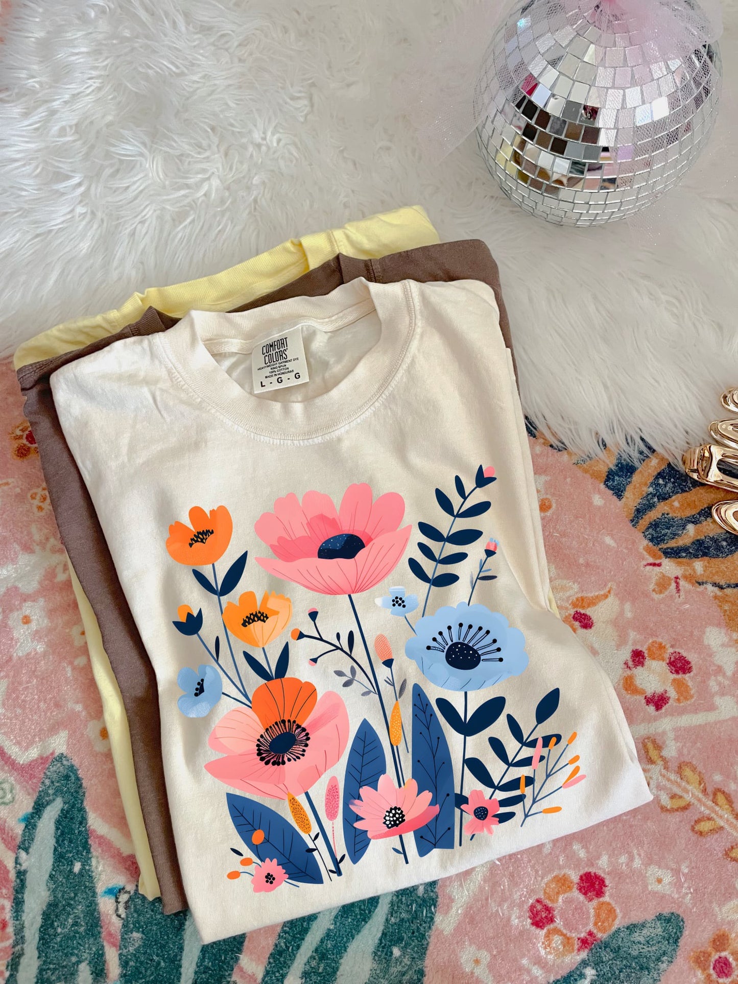Pink & Blue Floral Design Ivory Tee