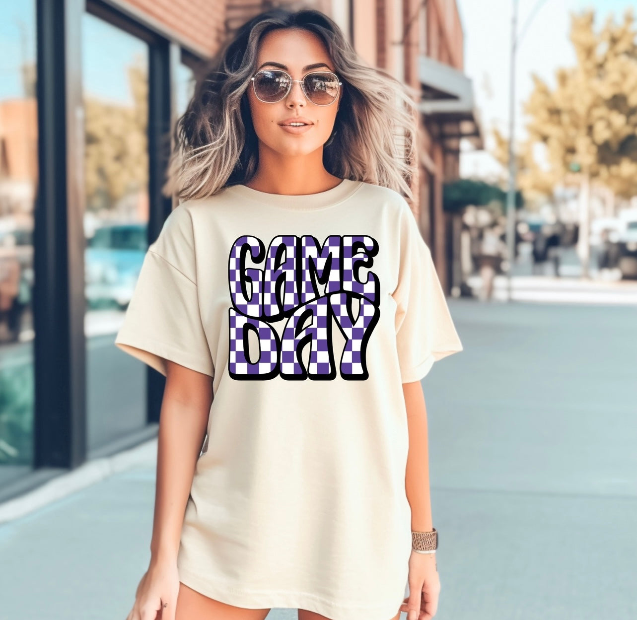 Purple Checkered Game Day Ivory Tee