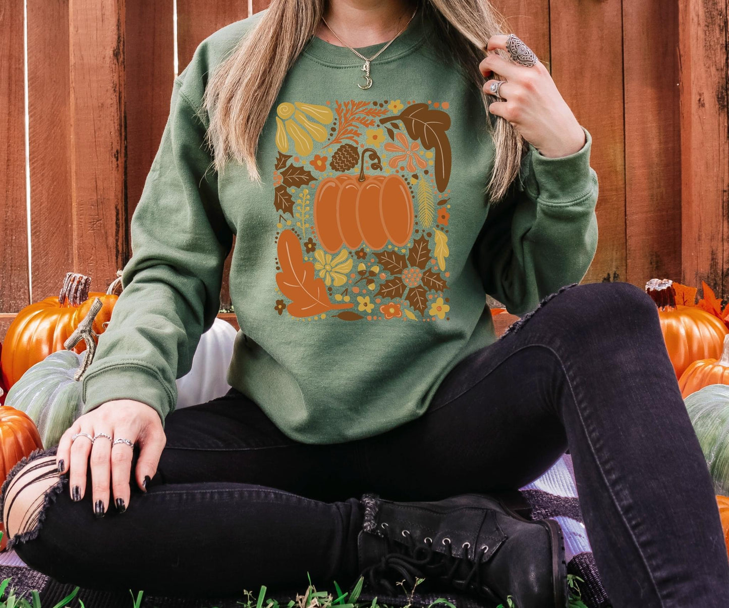 **DEAL PRICE** Pumpkin Floral & Leaves Military Green Sweatshirt