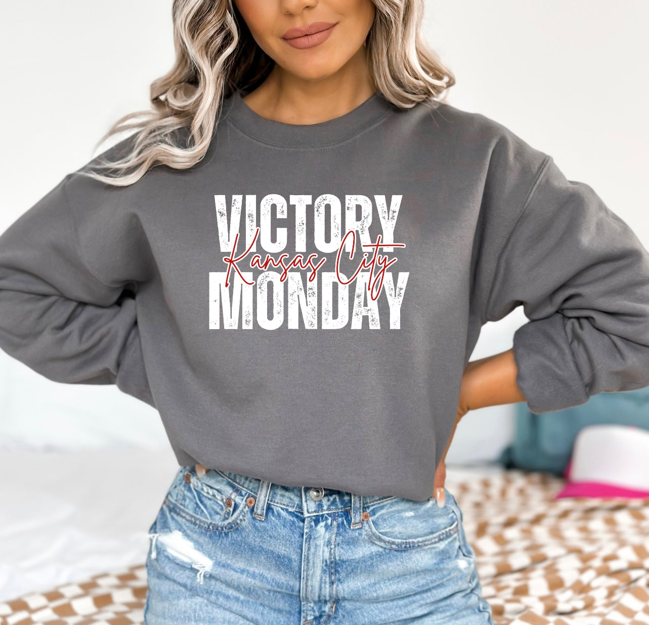 White Victory Monday Red Kansas City Charcoal Sweatshirt