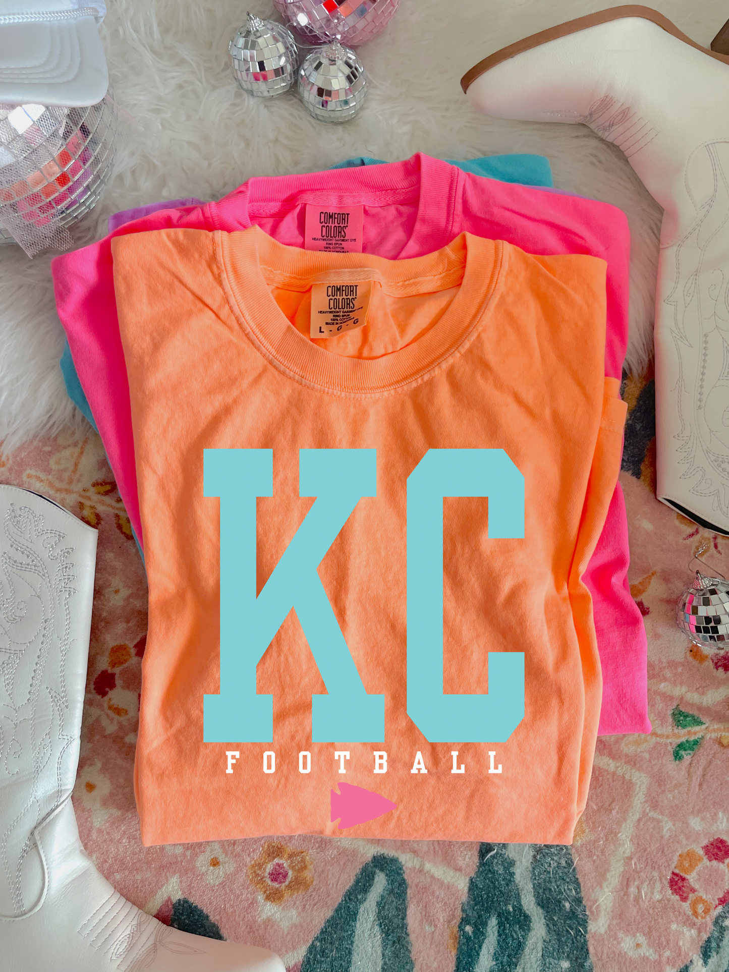 Pink Arrowhead & Teal KC Football Neon Cantaloupe Tee