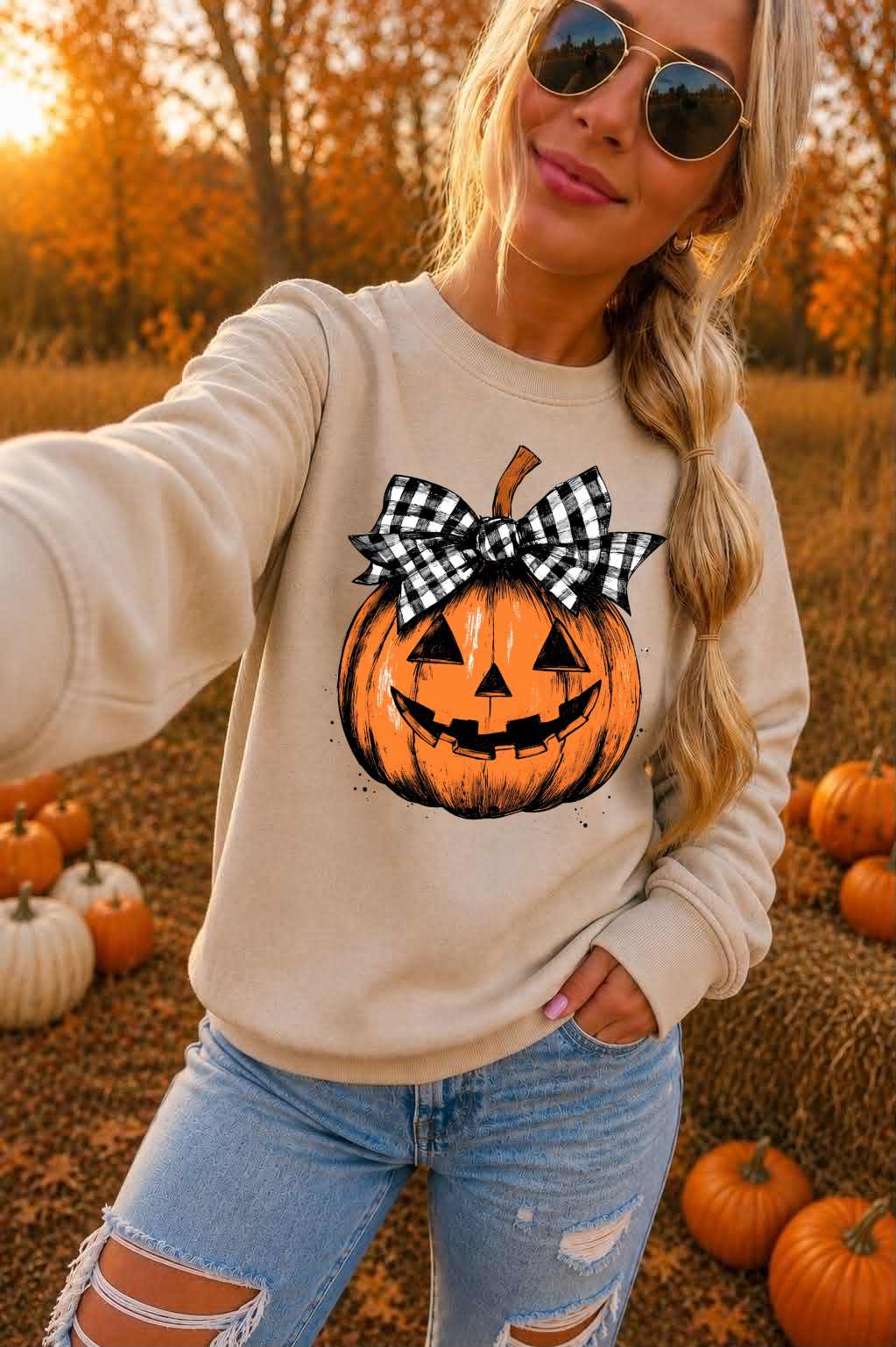 **DEAL OF THE DAY** Gingham Bow Jack O Lantern Sand Sweathsirt