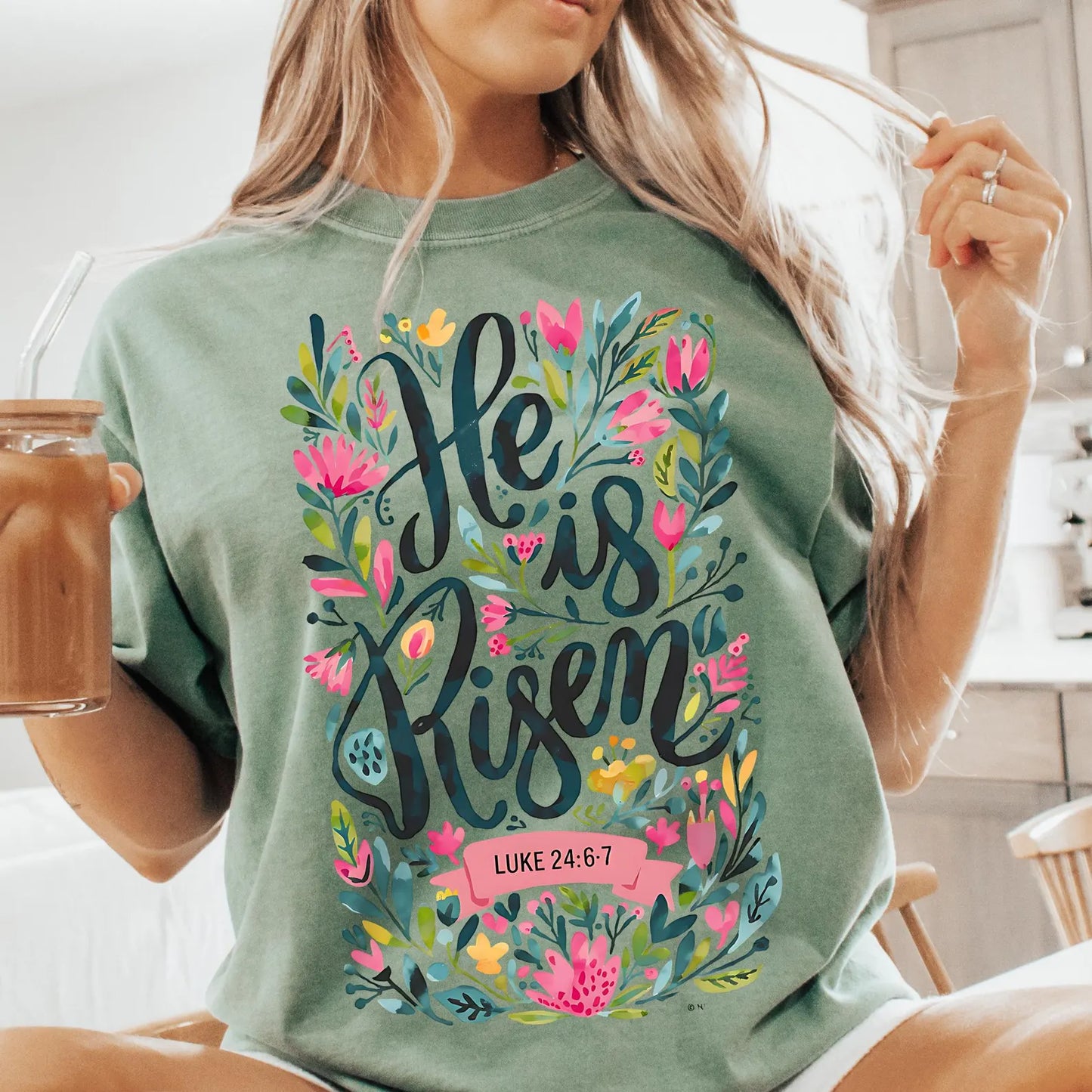 Floral Easter He Is Risen Moss Tee