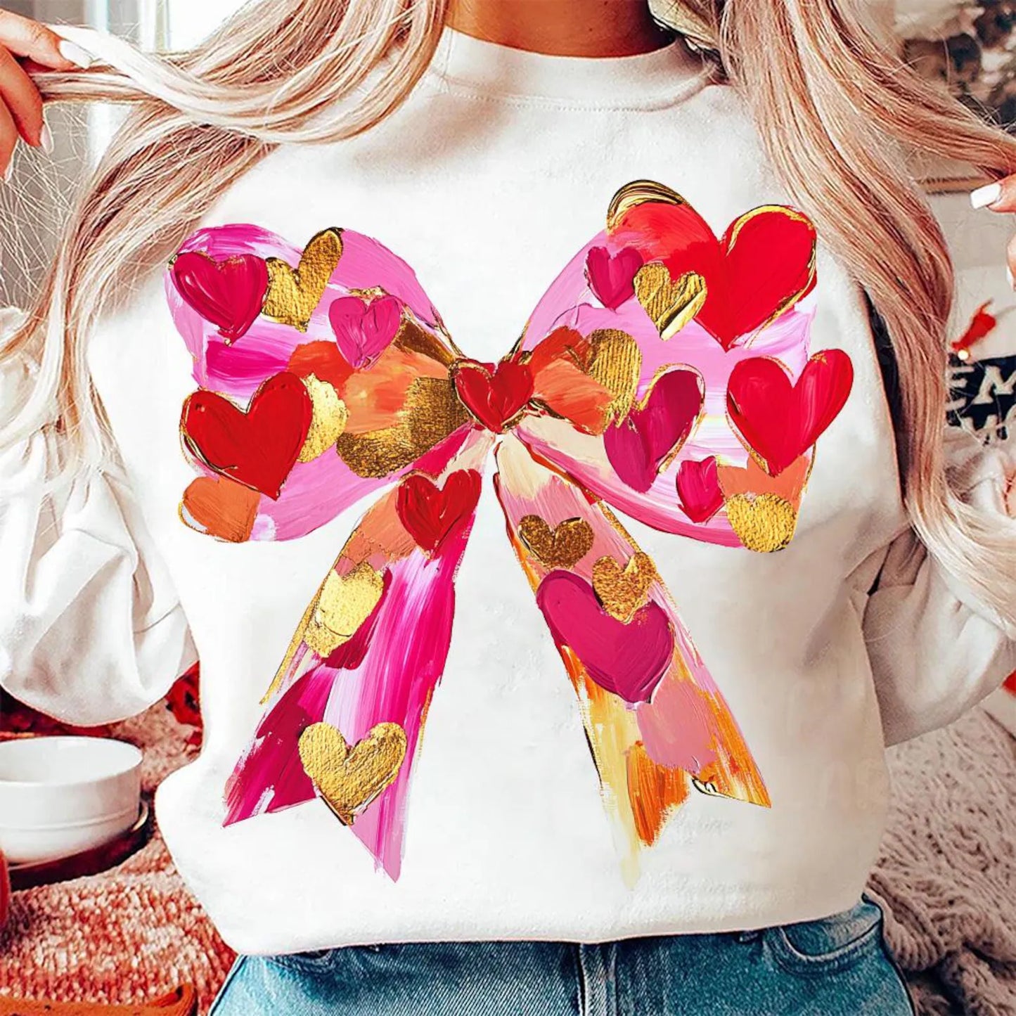Multi Heart Preppy Bow Sand Sweatshirt