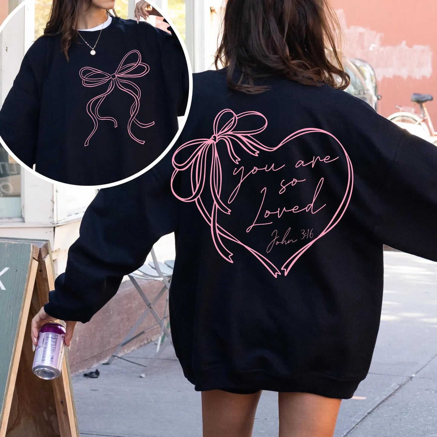**DEAL OF THE DAY** FRONT + BACK Pink John 3:16 Black Sweatshirt