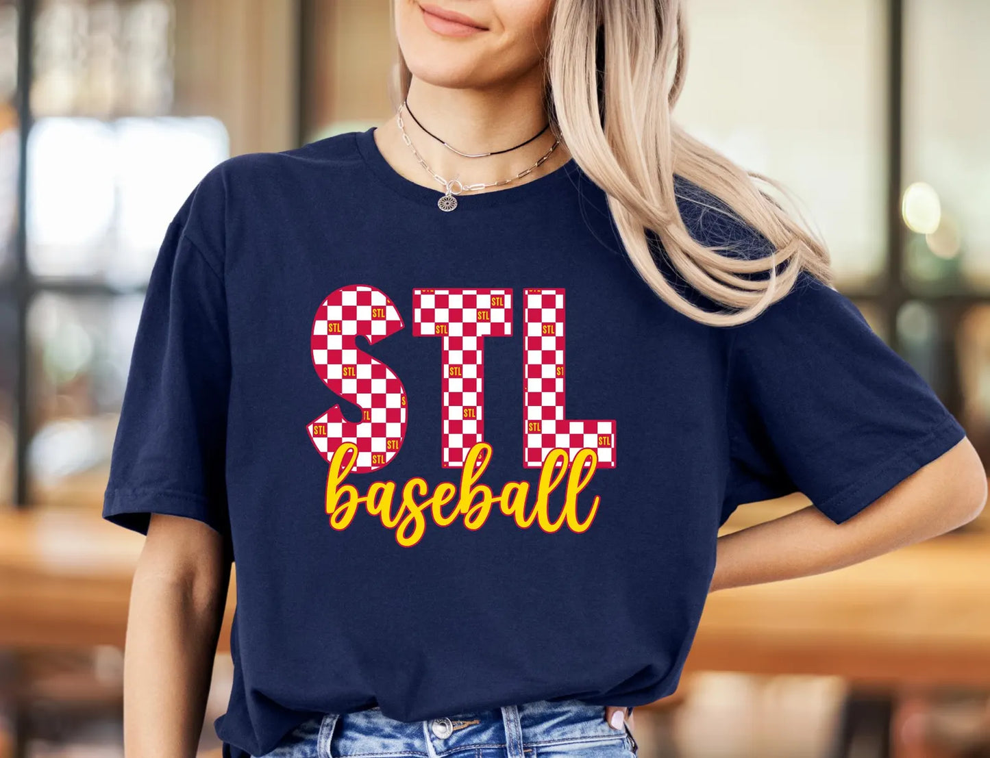 Red Plaid STL Baseball Navy Tee