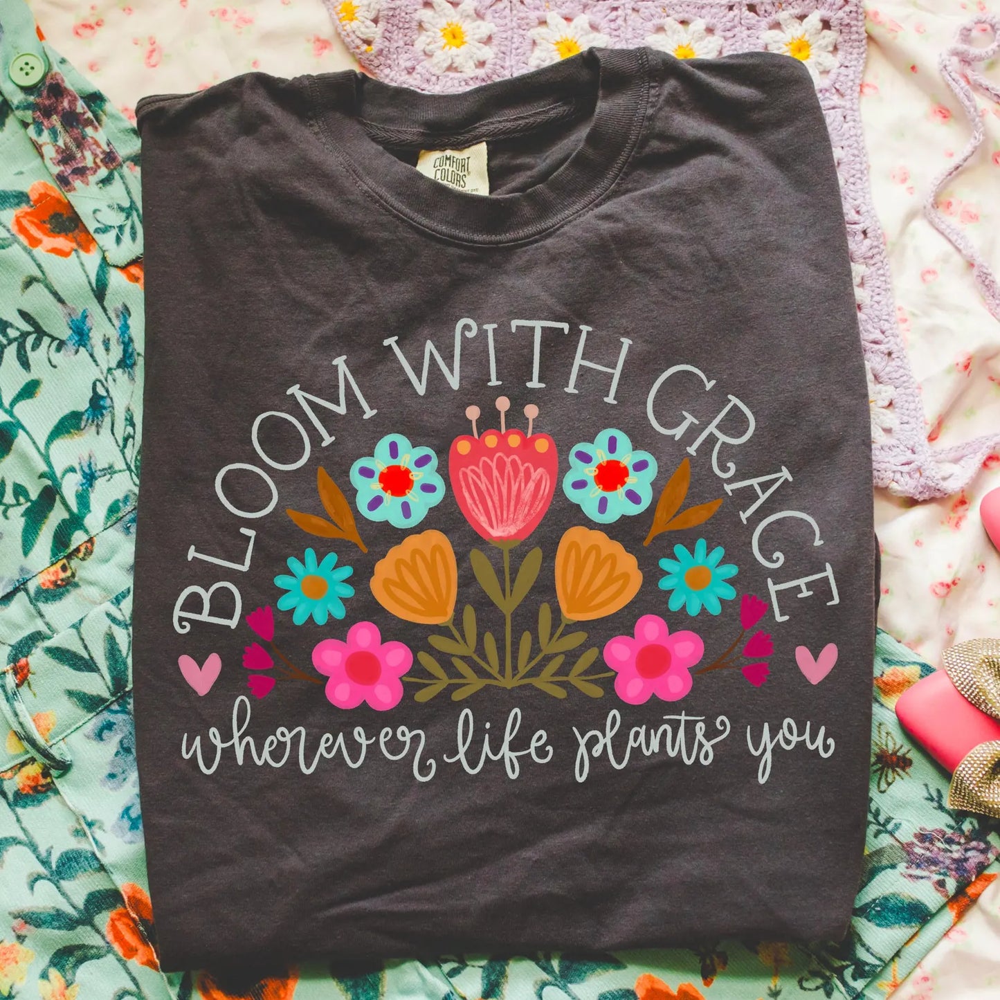 White Bloom With Grace Wherever Life Plants You Black Tee