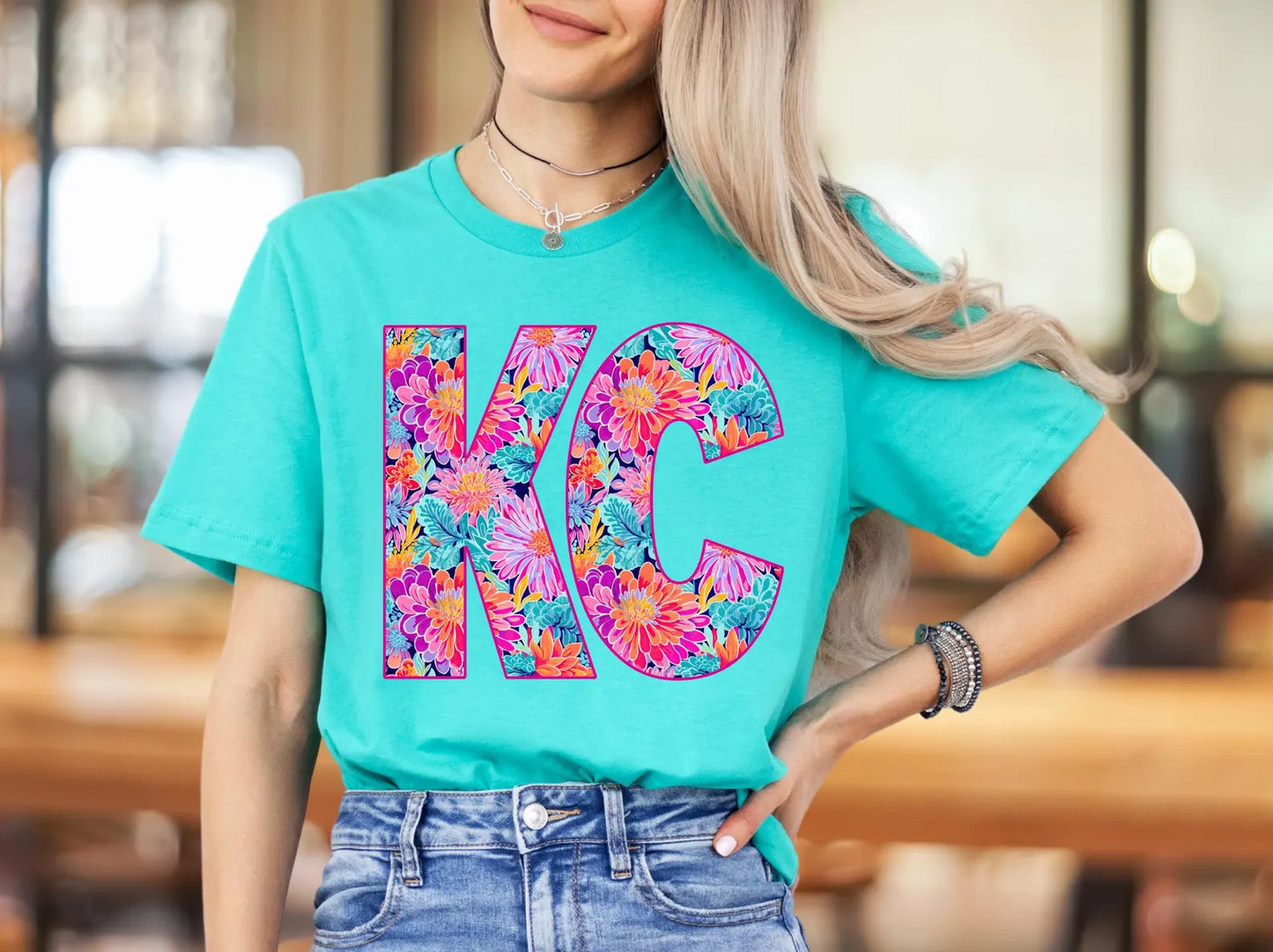 Bright Floral KC Teal Tee