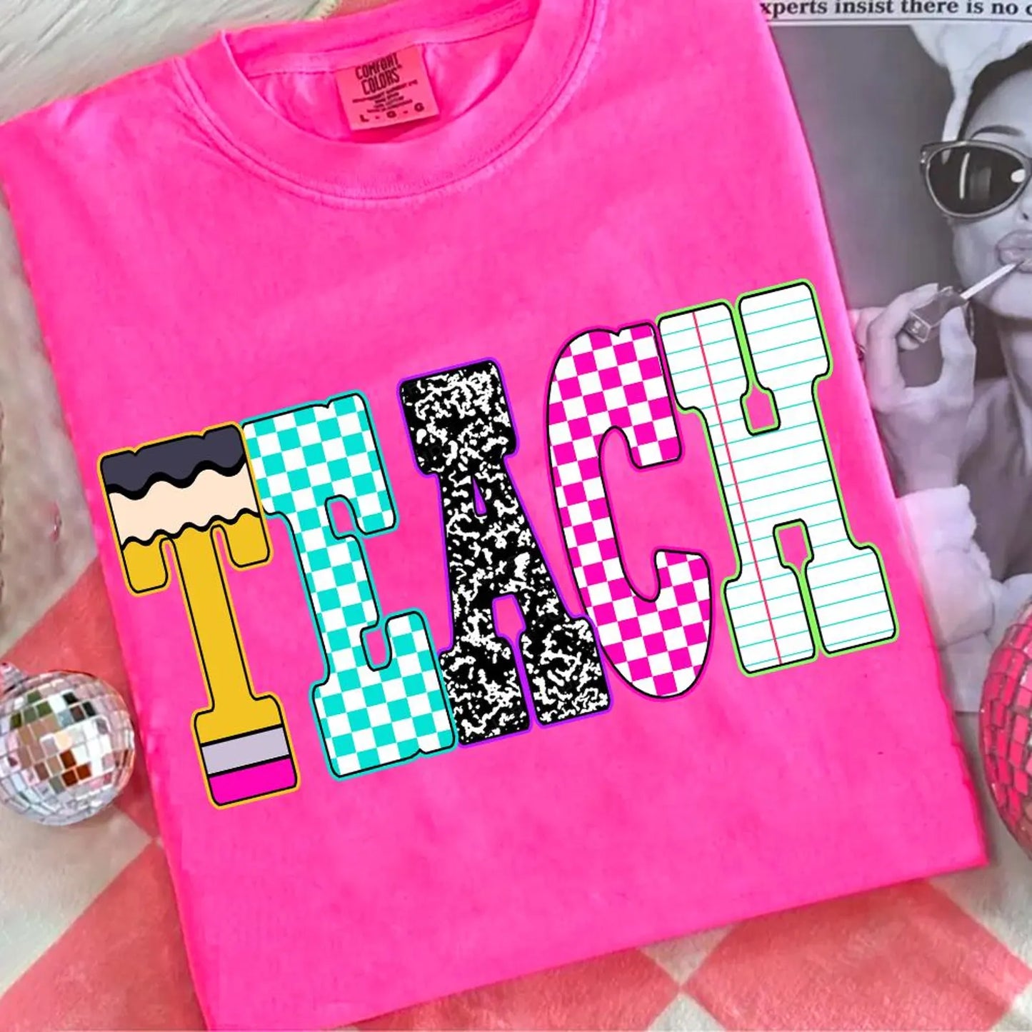 **Back To School** Checkered & Pencil Teach Neon Pink Tee