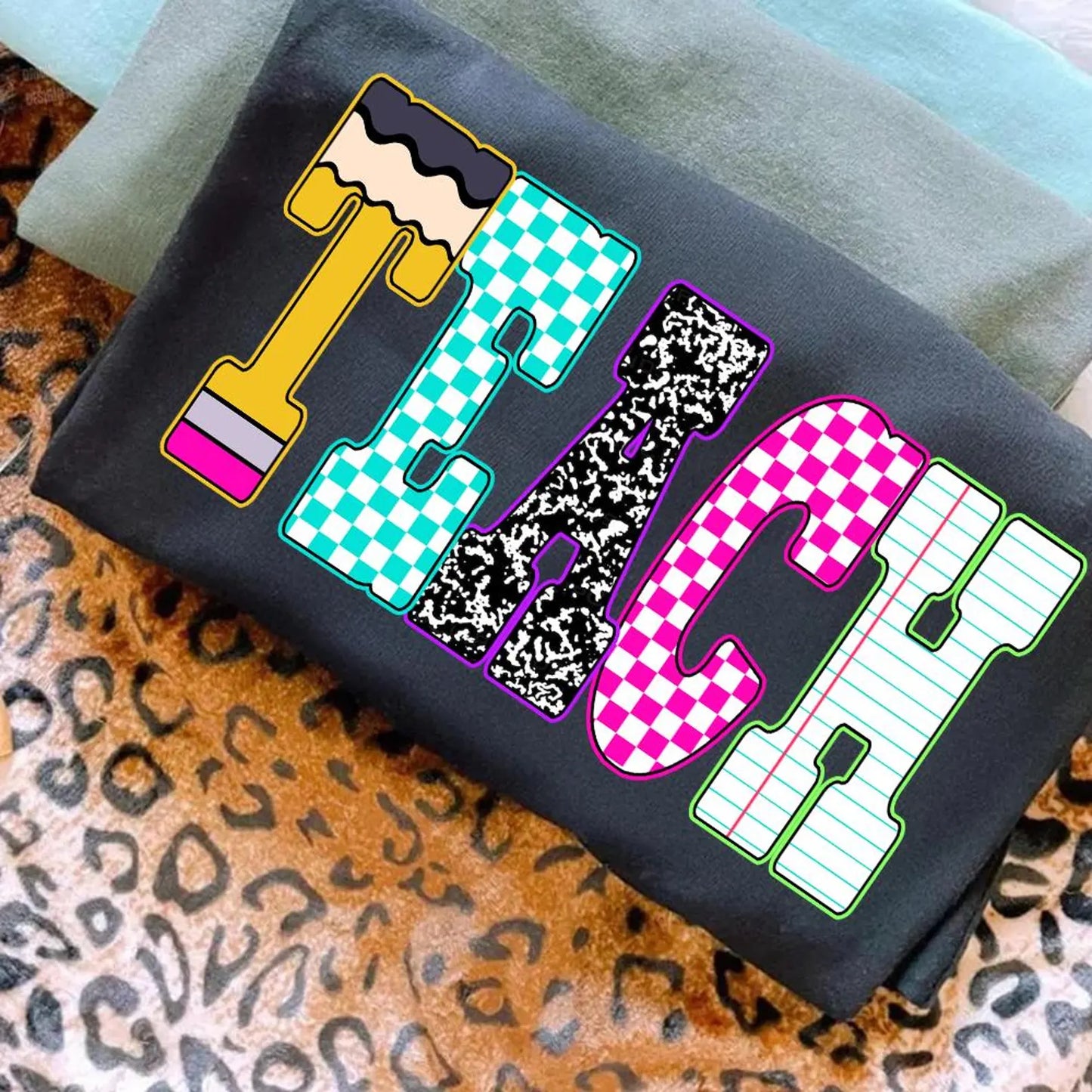 **Back To School** Checkered & Pencil Teach Black Tee