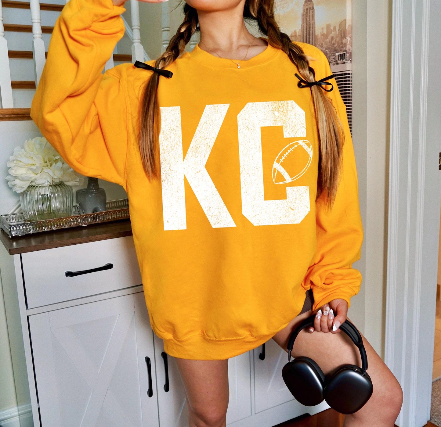 **HALFTIME DEAL** White Distressed KC Inside Football Gold Sweatshirt