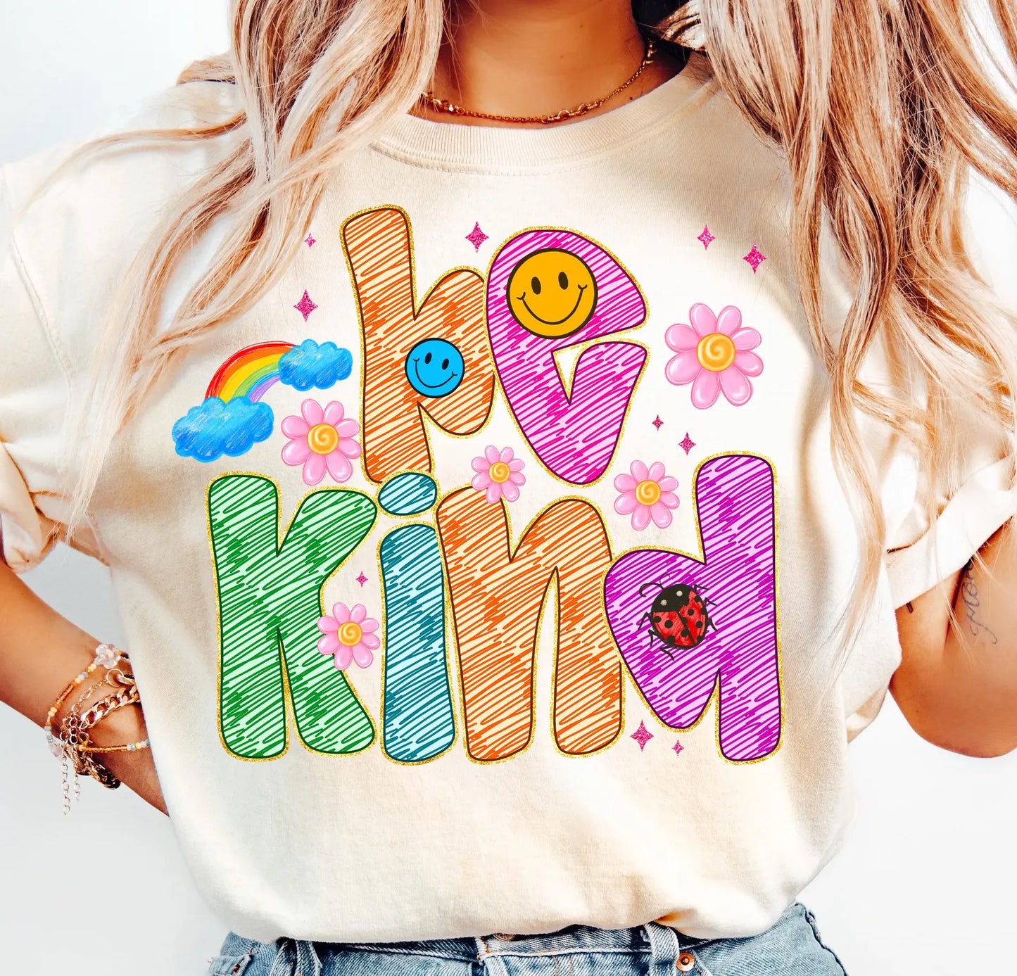**DEAL PRICE** Colorful Scribble Be Kind Ivory Tee