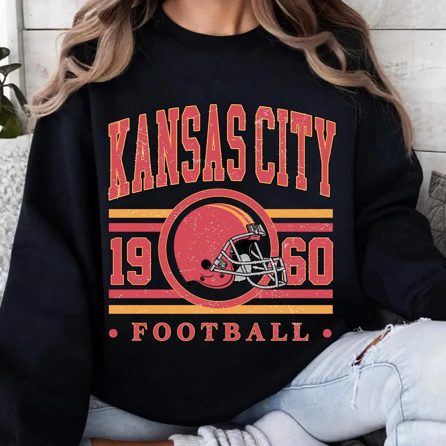 **HALFTIME DEAL** Vintage Red & Gold Kansas City 1960 Circle Helmet Black Sweatshirt