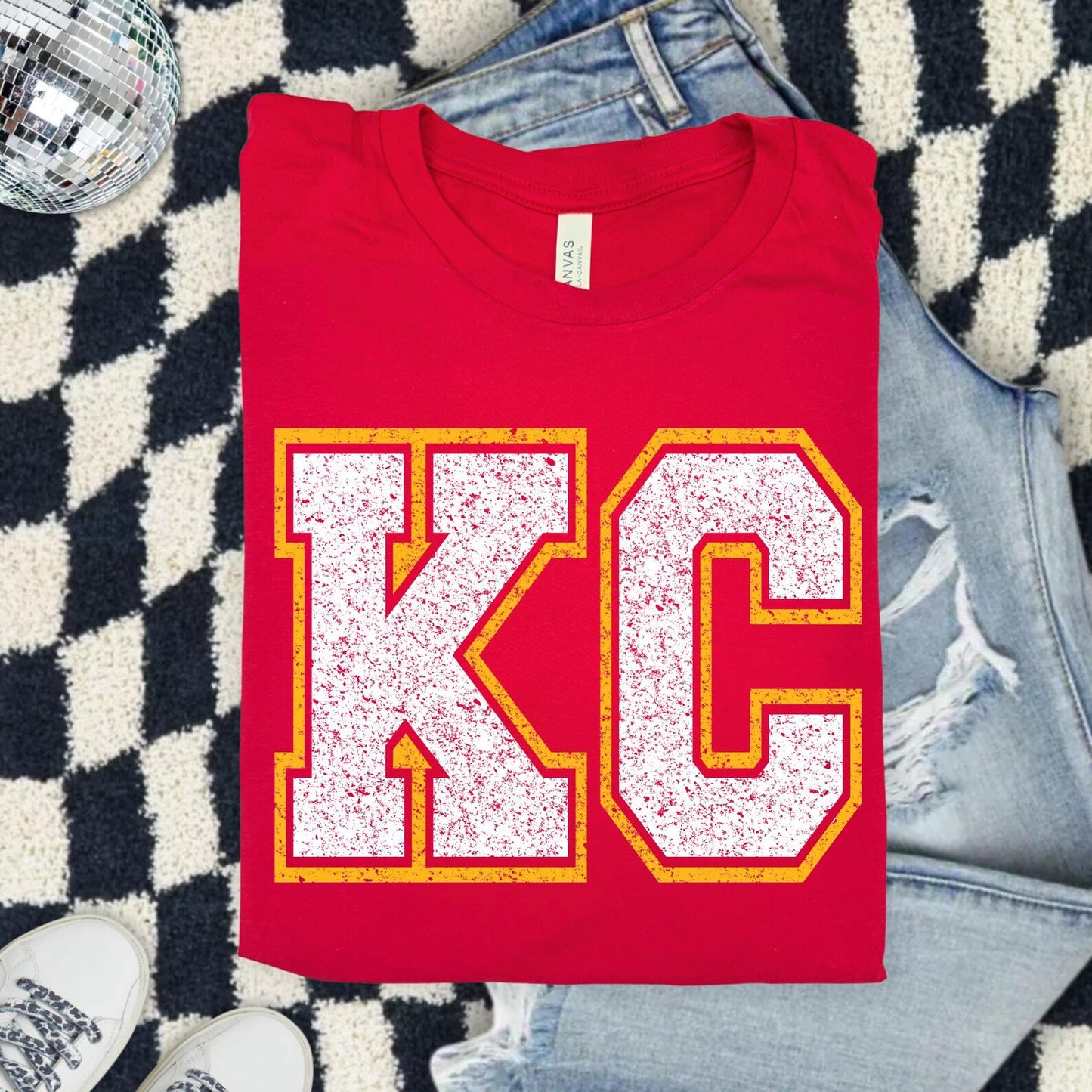 **HALFTIME DEAL** Gold & White Distressed KC Varsity Red Tee
