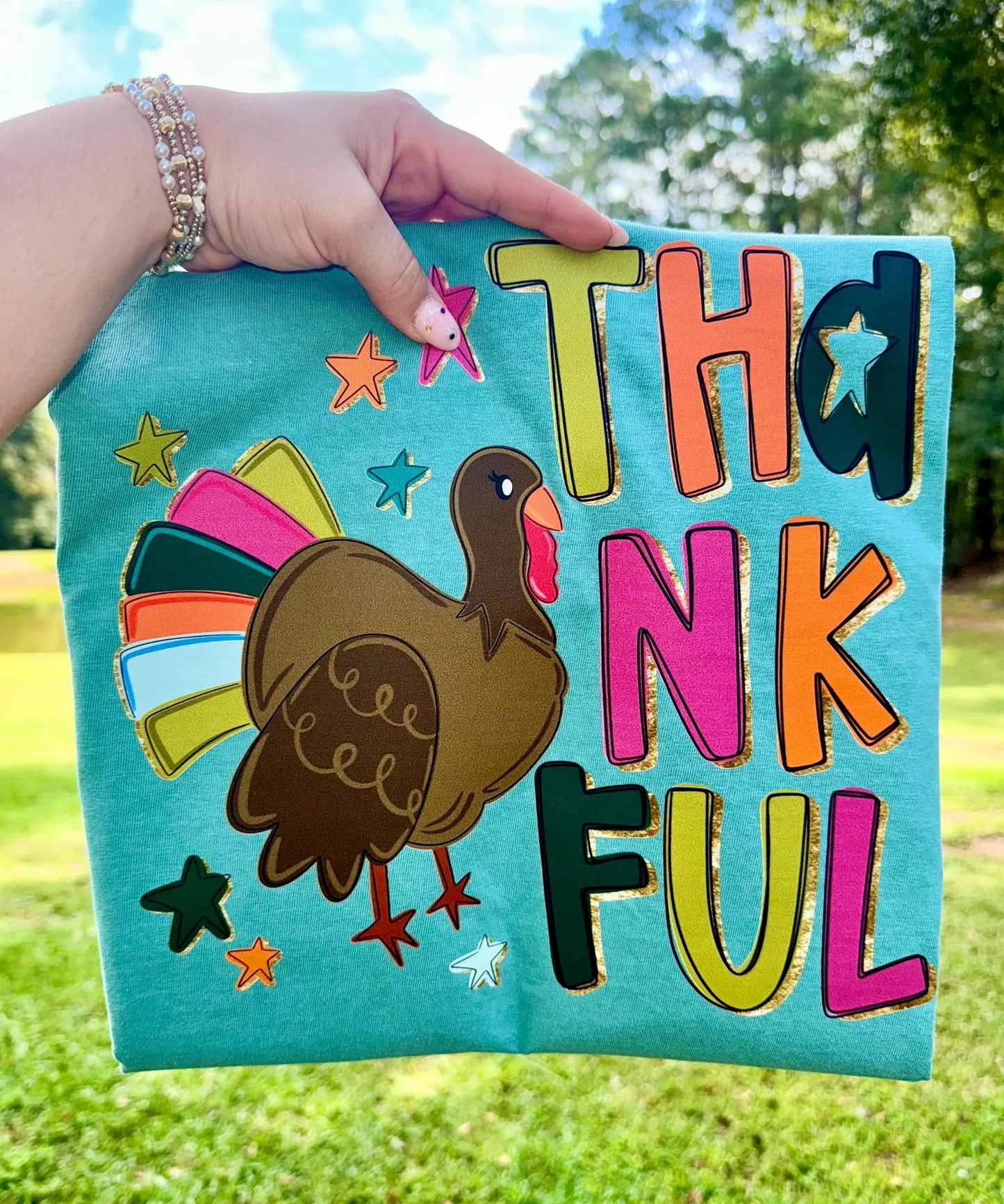 Trendy Bright & Colorful Thankful Turkey Light Green Tee