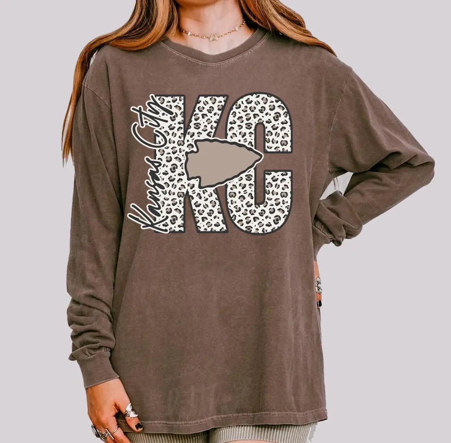 **HALFTIME DEAL** Script Leopard KC Leopard Kansas City Espresso Long Sleeve Tee