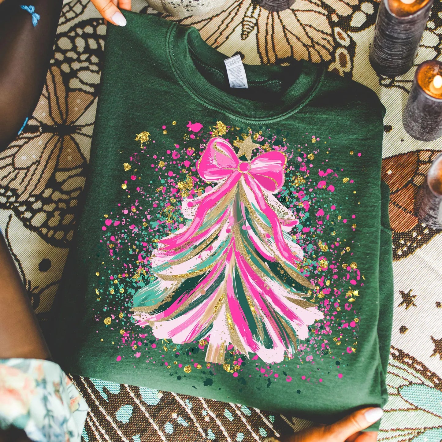 **CHRISTMAS IN JULY** Pink Splatter Christmas Tree Forest Sweatshirt