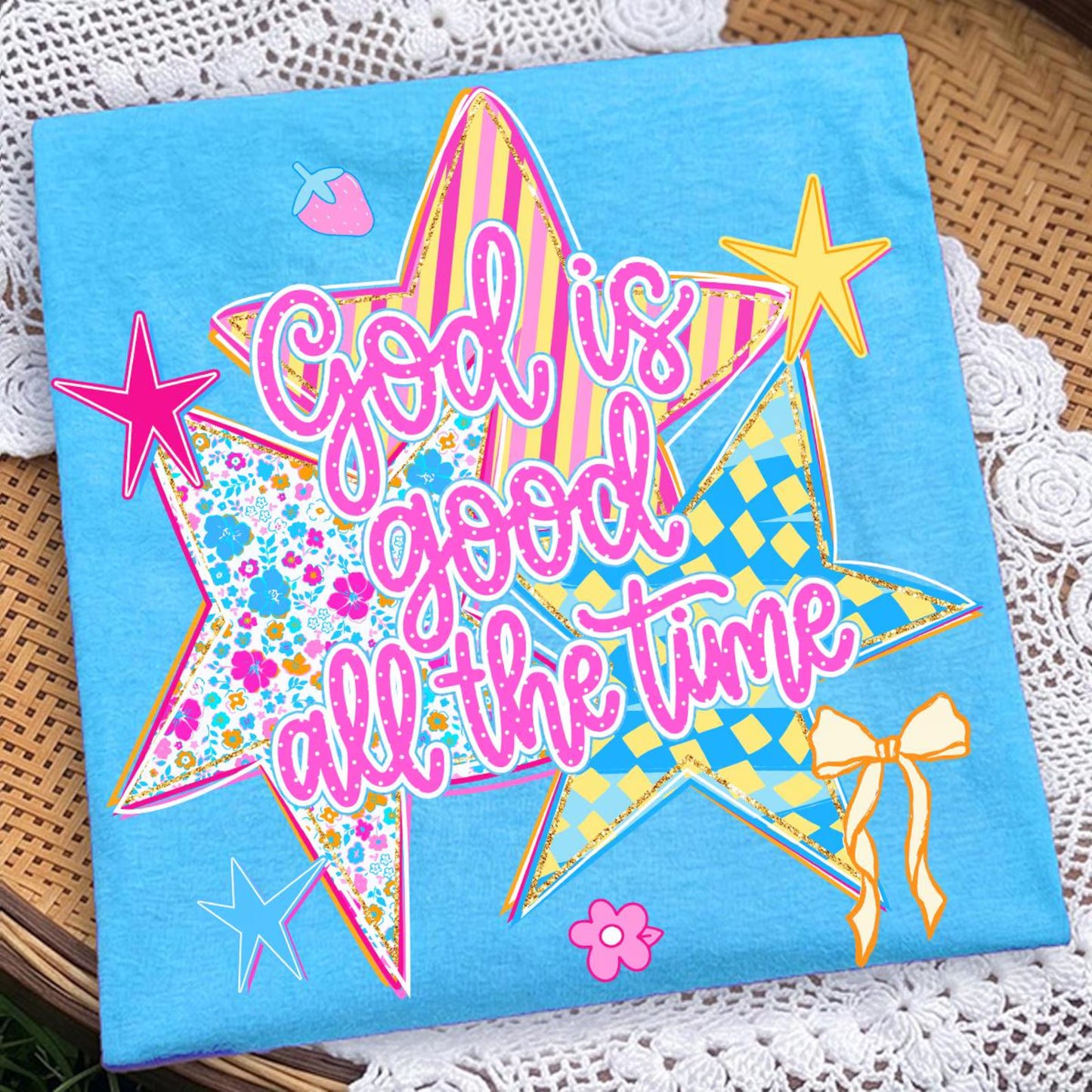 Preppy God is Good Christian Striped Stars Lagoon Tee