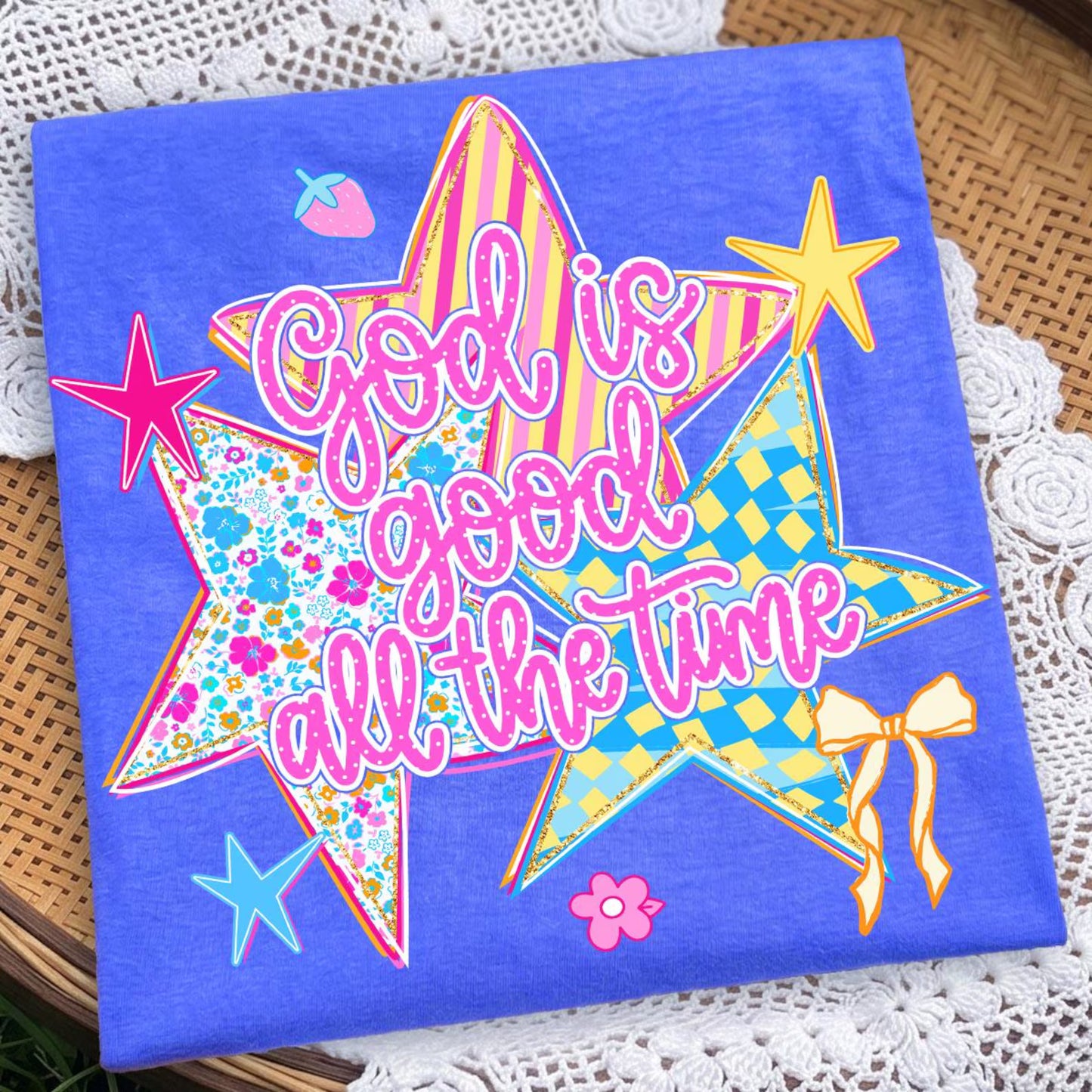 Preppy God is Good Christian Striped Stars Flo Blue Tee