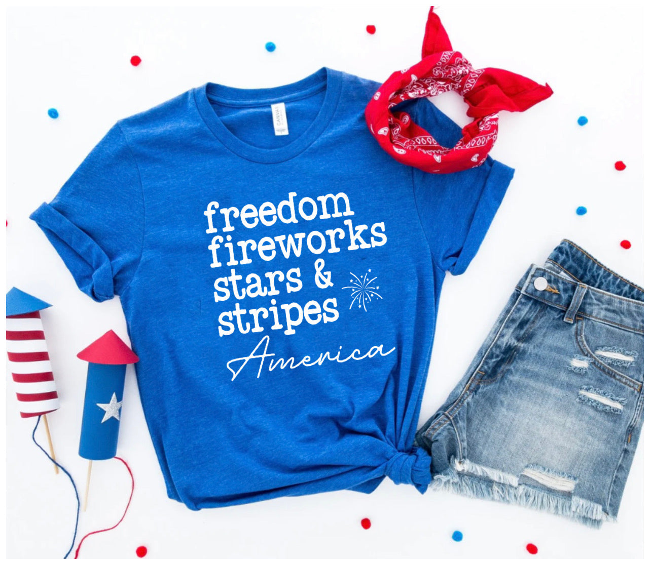Freedom. Fireworks. Stars & Stripes. America Royal Blue Tee