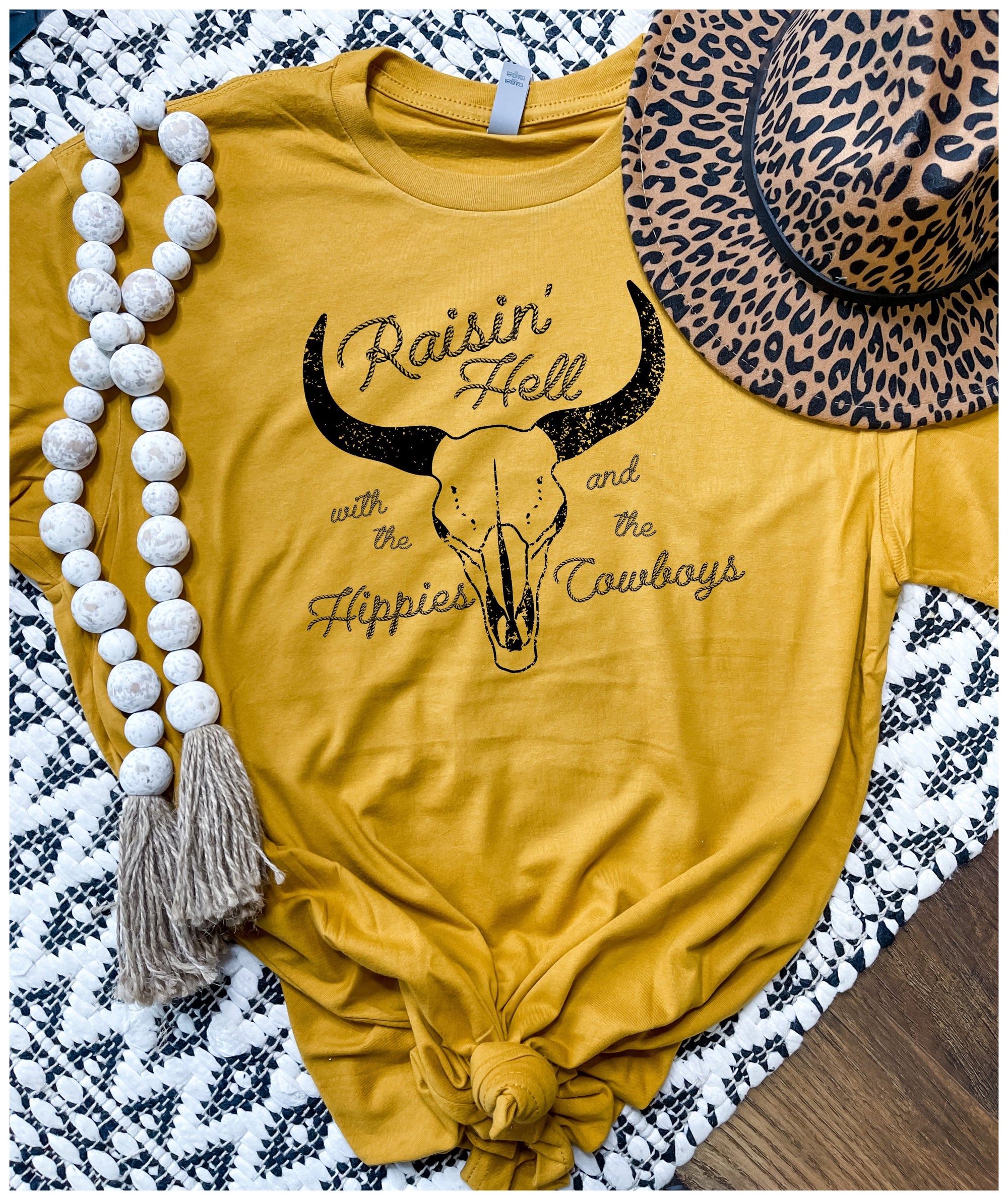 Raisin' Hell With The Hippies And The Cowboys Heather Mustard Tee