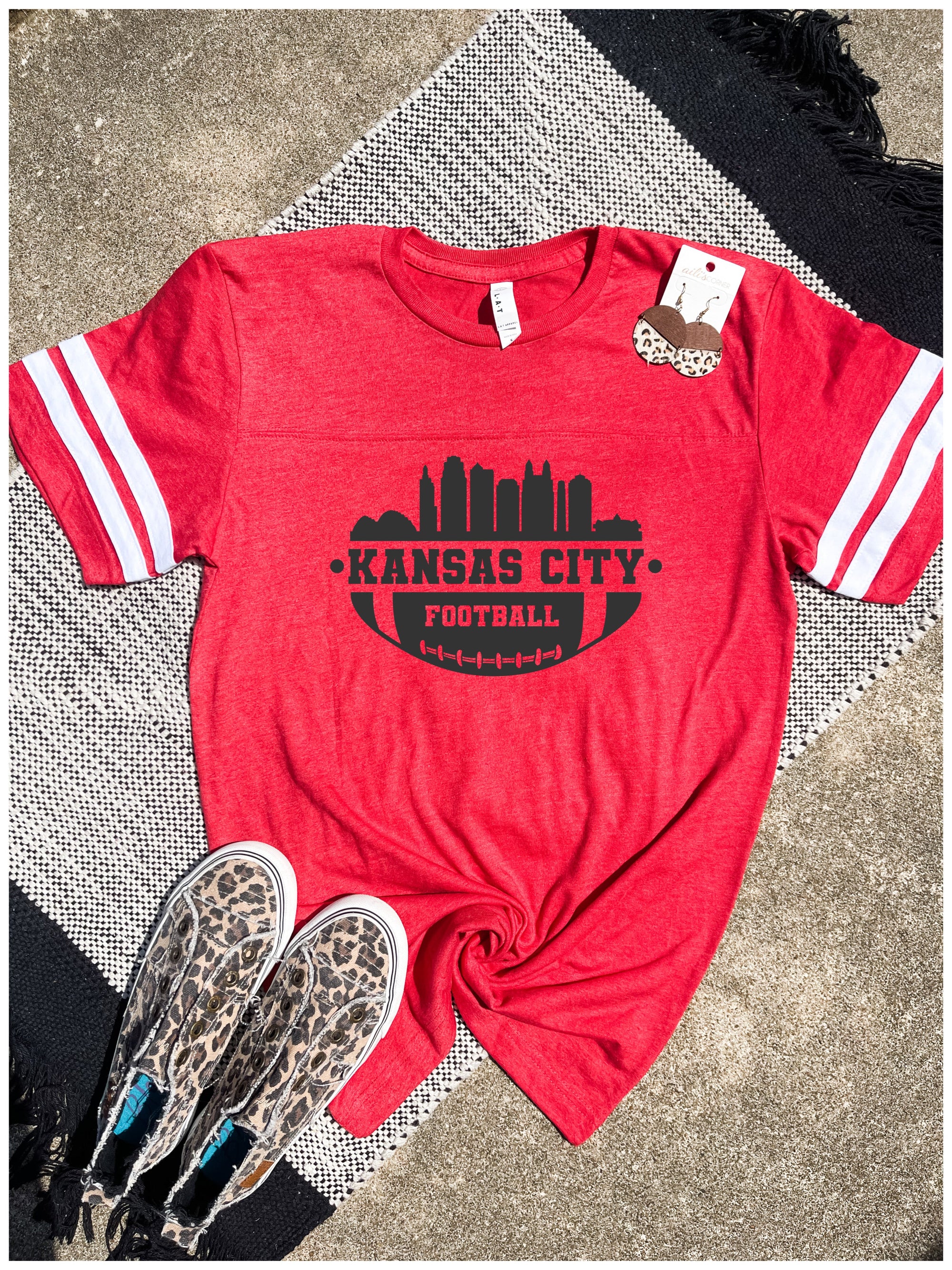 **HALFTIME DEAL** Kansas City Football Skyline Red Striped Sleeve Tee