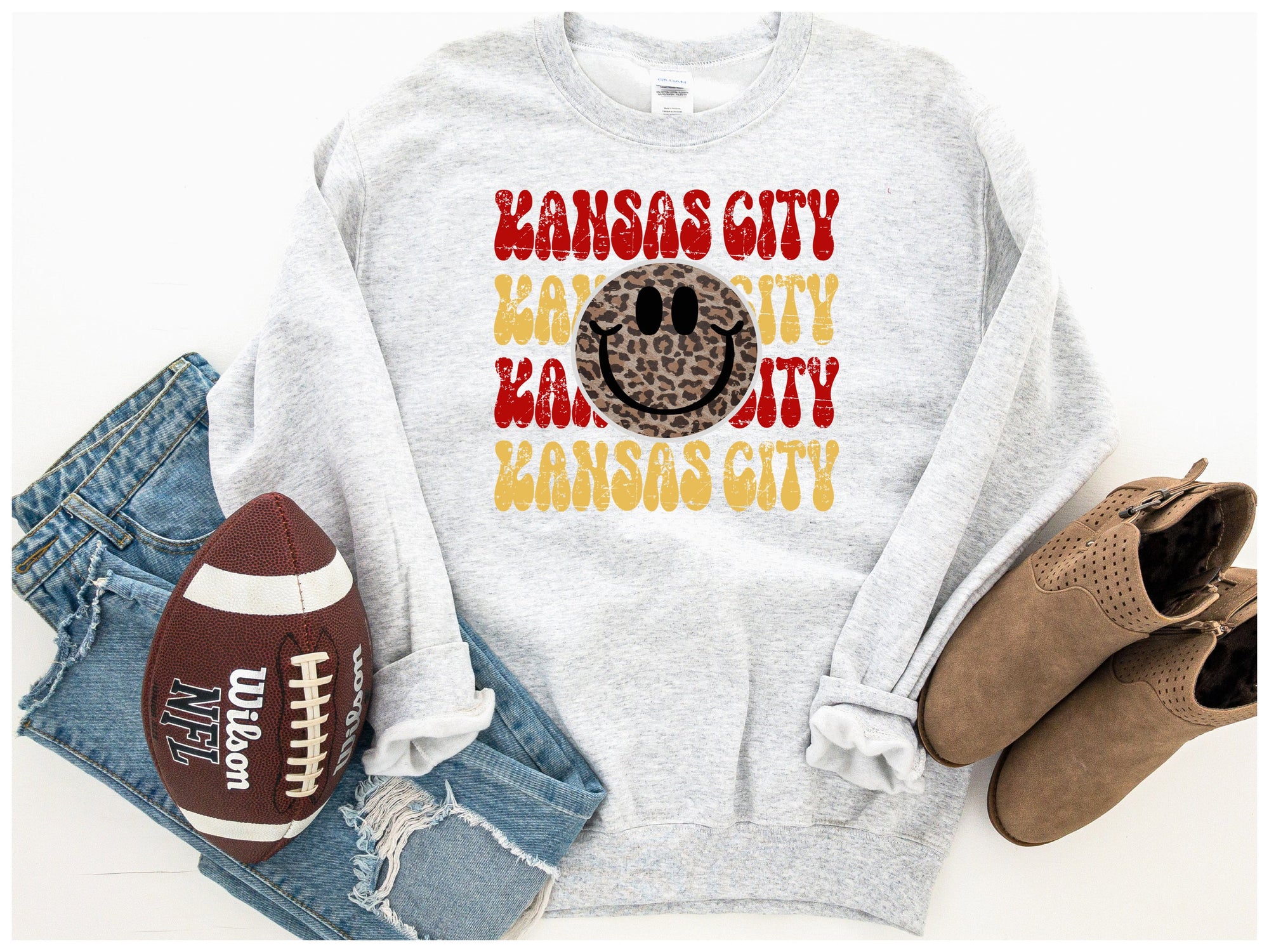 Kansas City Repeat Leopard Smiley Ash Sweatshirt