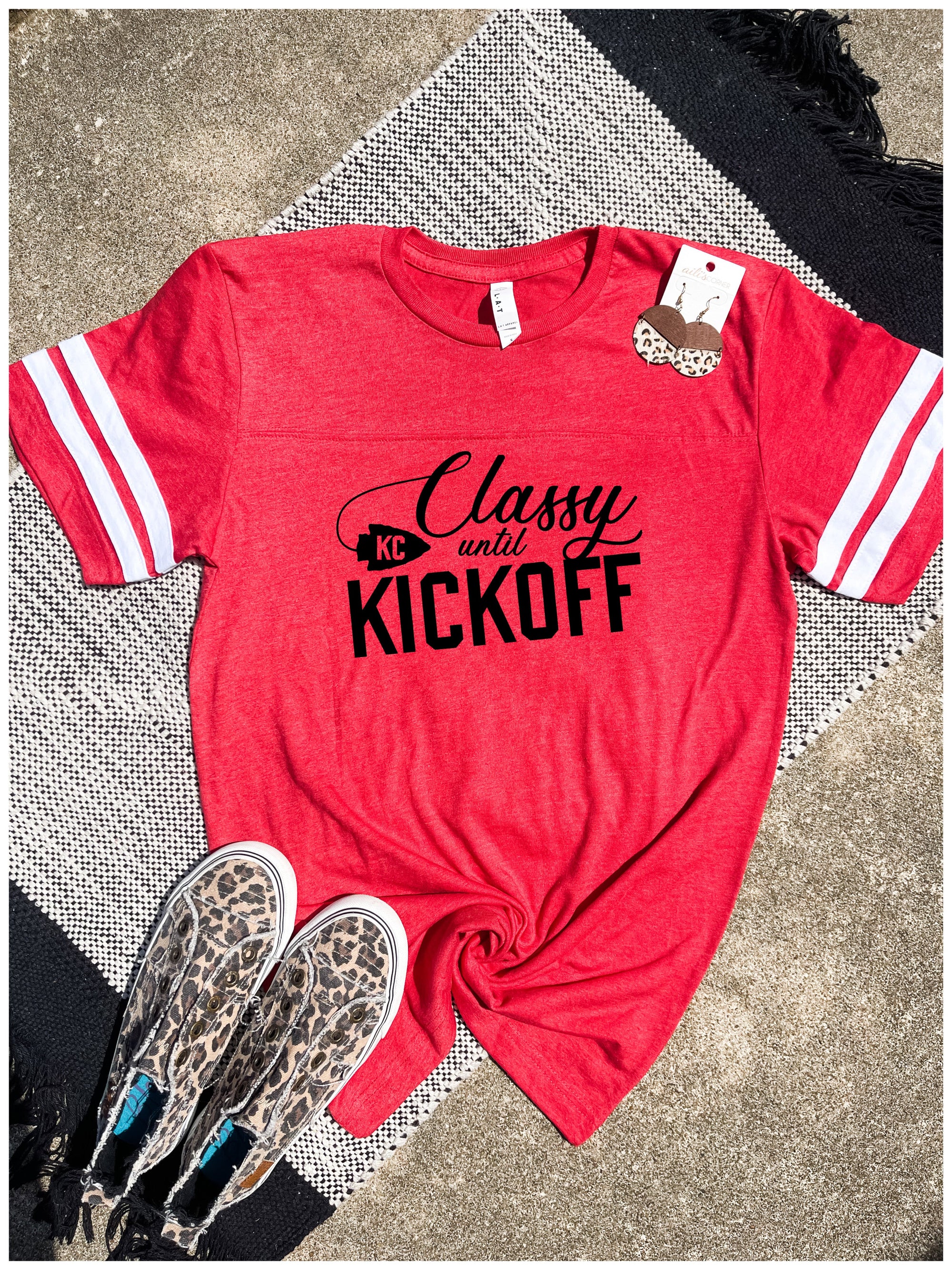 **HALFTIME DEAL** Classy Until KC Kickoff Red Striped Sleeve Tee