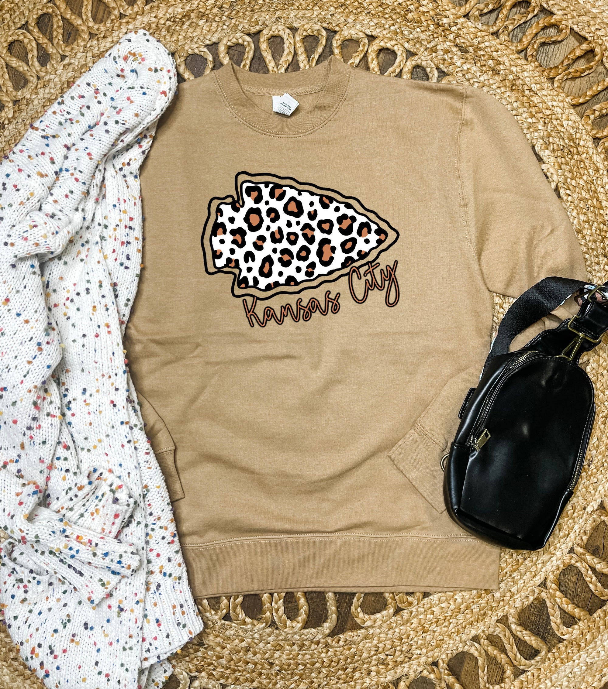 Brown Leopard Arrowhead Kansas City Script Crewneck Sweatshirt