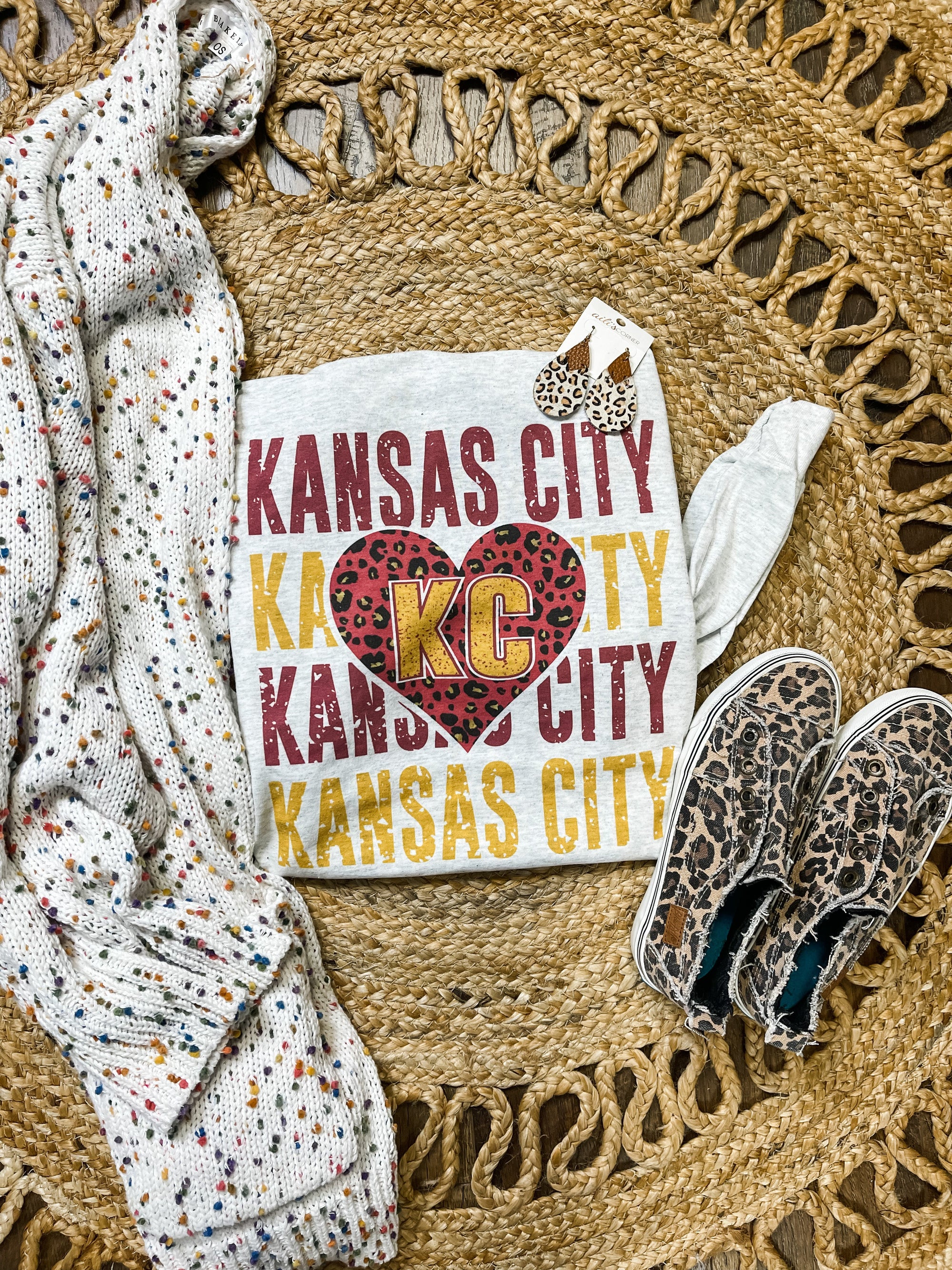 Kansas City Repeat KC Leopard Heart Ash Long Sleeve Tee